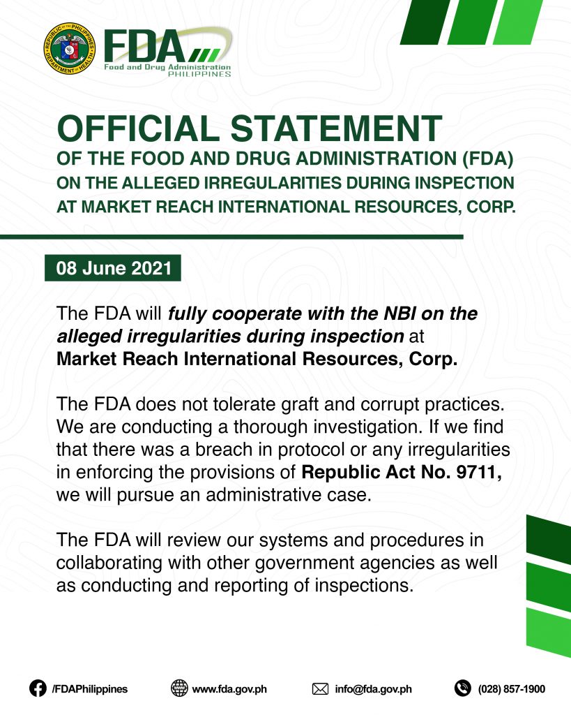 OFFICIAL STATEMENT OF THE FOOD AND DRUG ADMINISTRATION (FDA) ON THE ALLEGED IRREGULARITIES DURING INSPECTION AT MARKET REACH INTERNATIONAL RESOURCES, CORP.