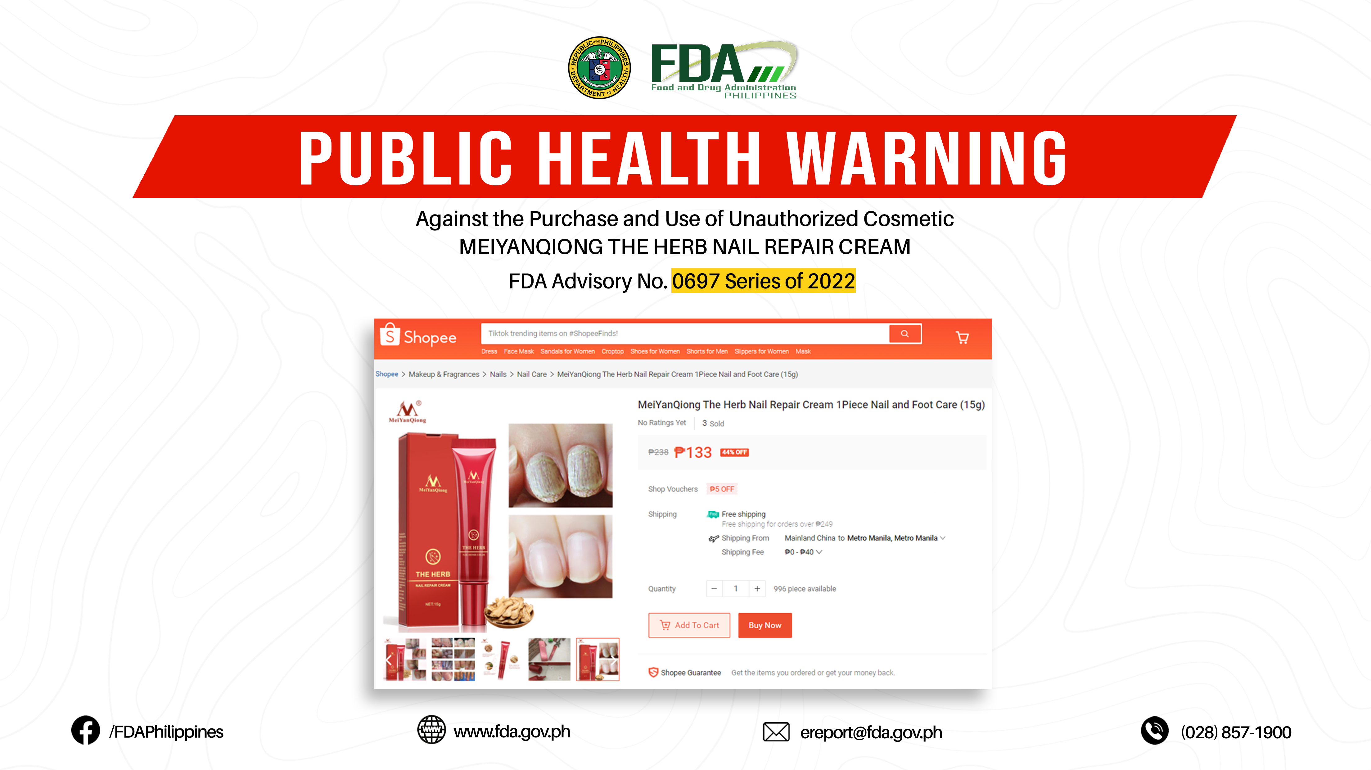 FDA Advisory  || Public Health Warning Against the Purchase and  Use of Unauthorized Cosmetic MEIYANQIONG THE HERB NAIL REPAIR CREAM - Food  and Drug Administration