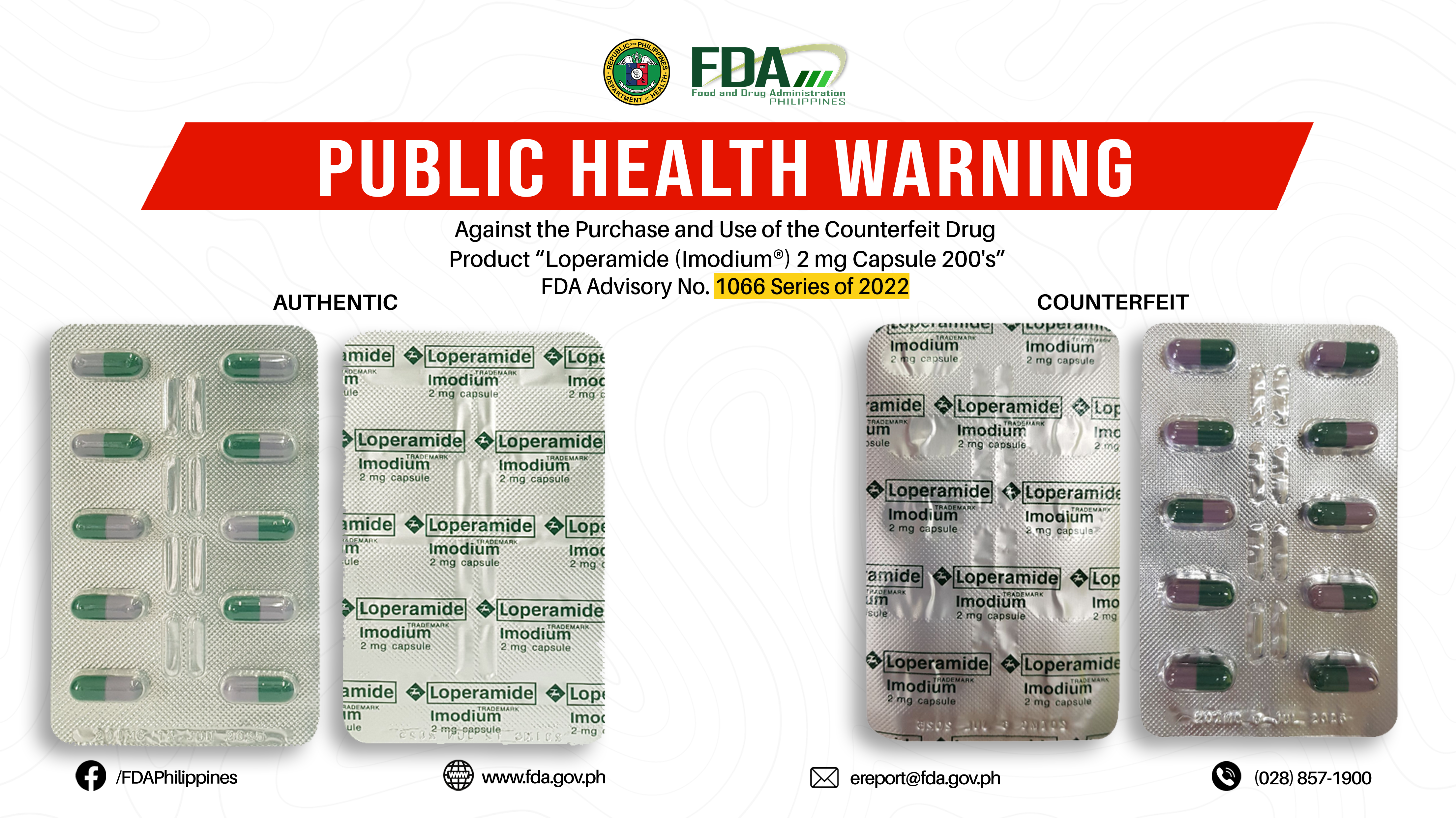FDA Advisory No.2022-1066 || Public Health Warning Against the Purchase and Use of the Counterfeit Drug Product “Loperamide (Imodium®) 2 mg Capsule 200’s”