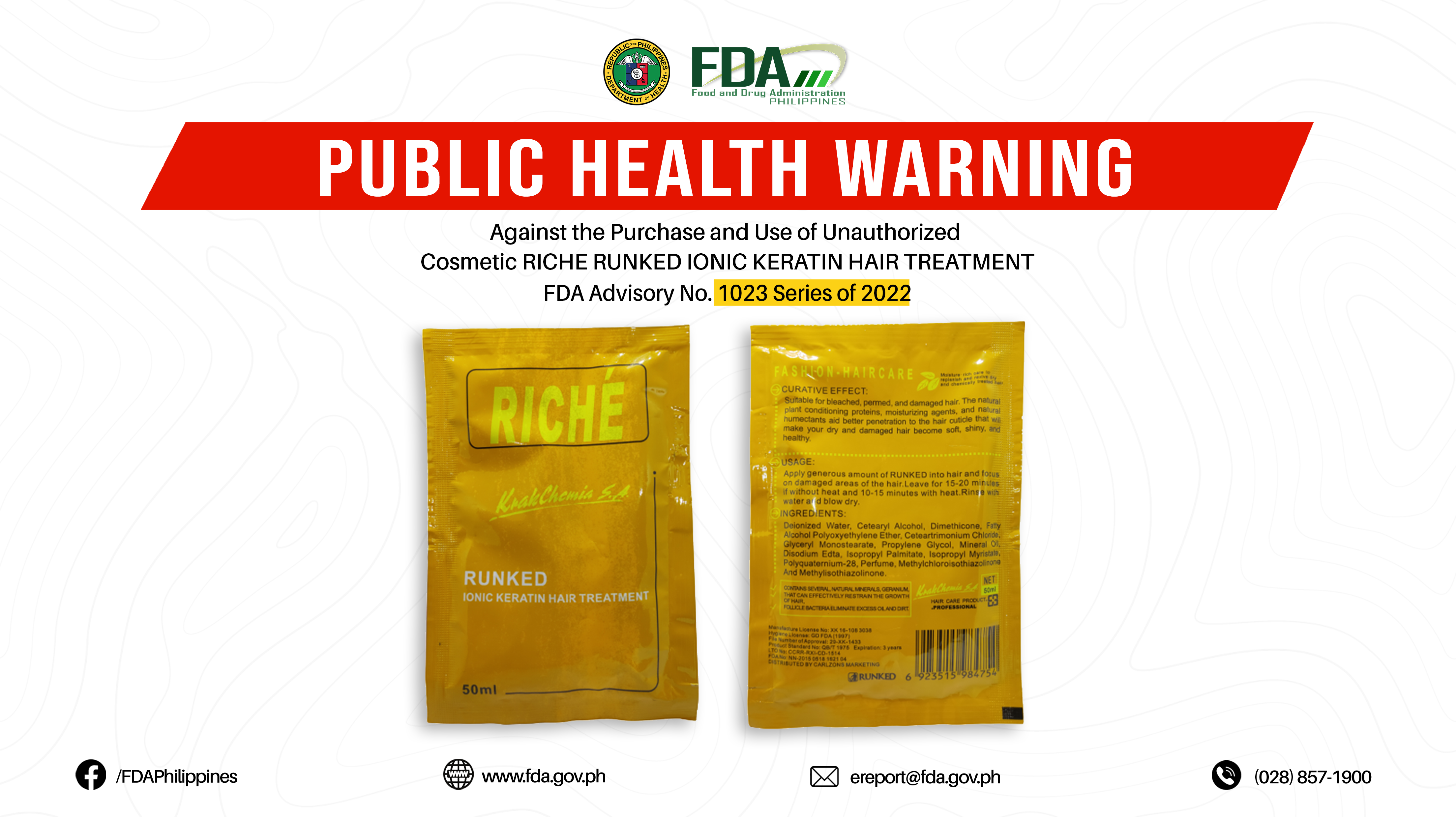 FDA Advisory No.2022-1023 || Public Health Warning Against the Purchase and Use of Unauthorized Cosmetic RICHE RUNKED IONIC KERATIN HAIR TREATMENT