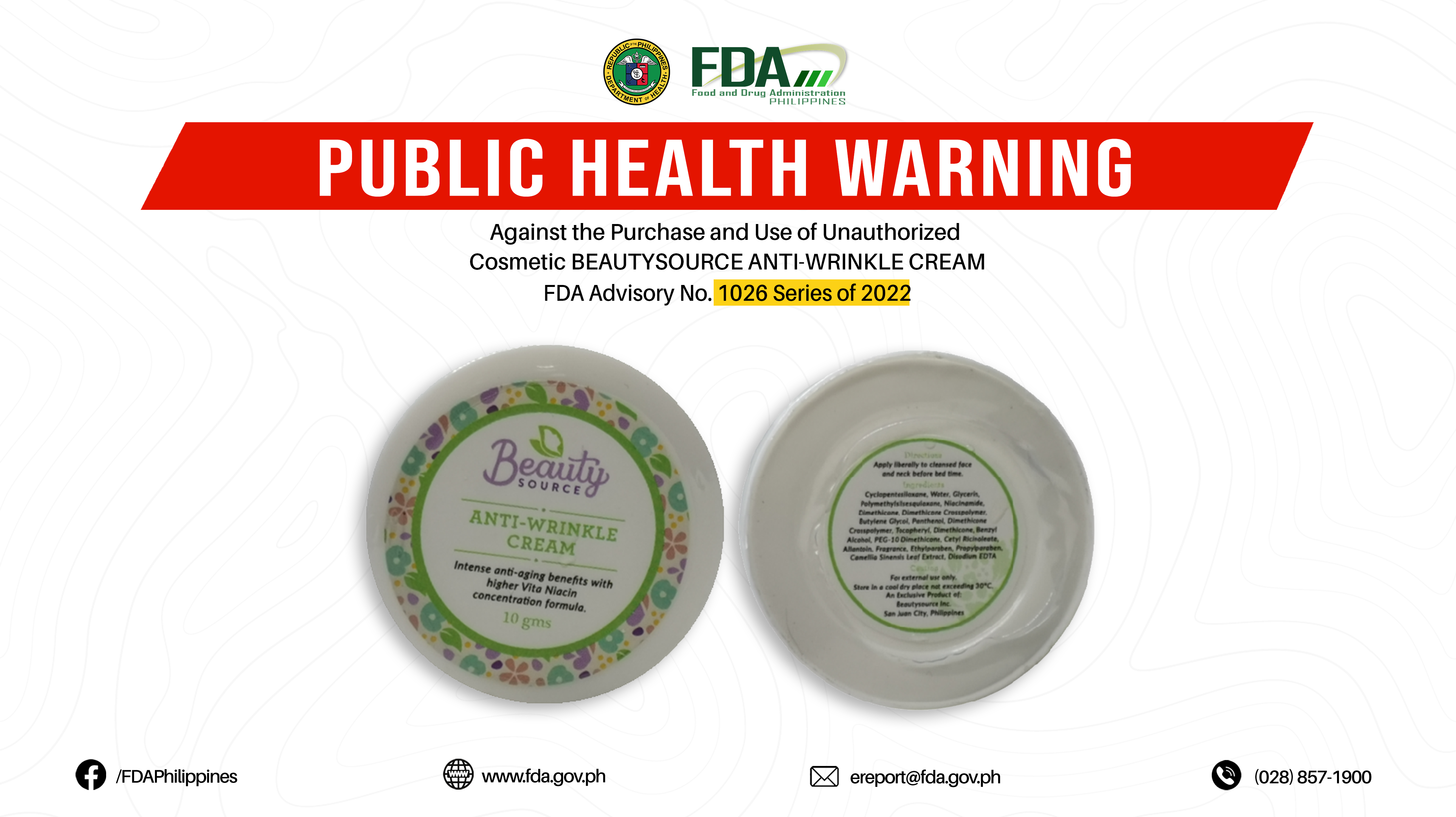 FDA Advisory No.2022-1026 || Public Health Warning Against the Purchase and Use of Unauthorized Cosmetic BEAUTYSOURCE ANTI-WRINKLE CREAM
