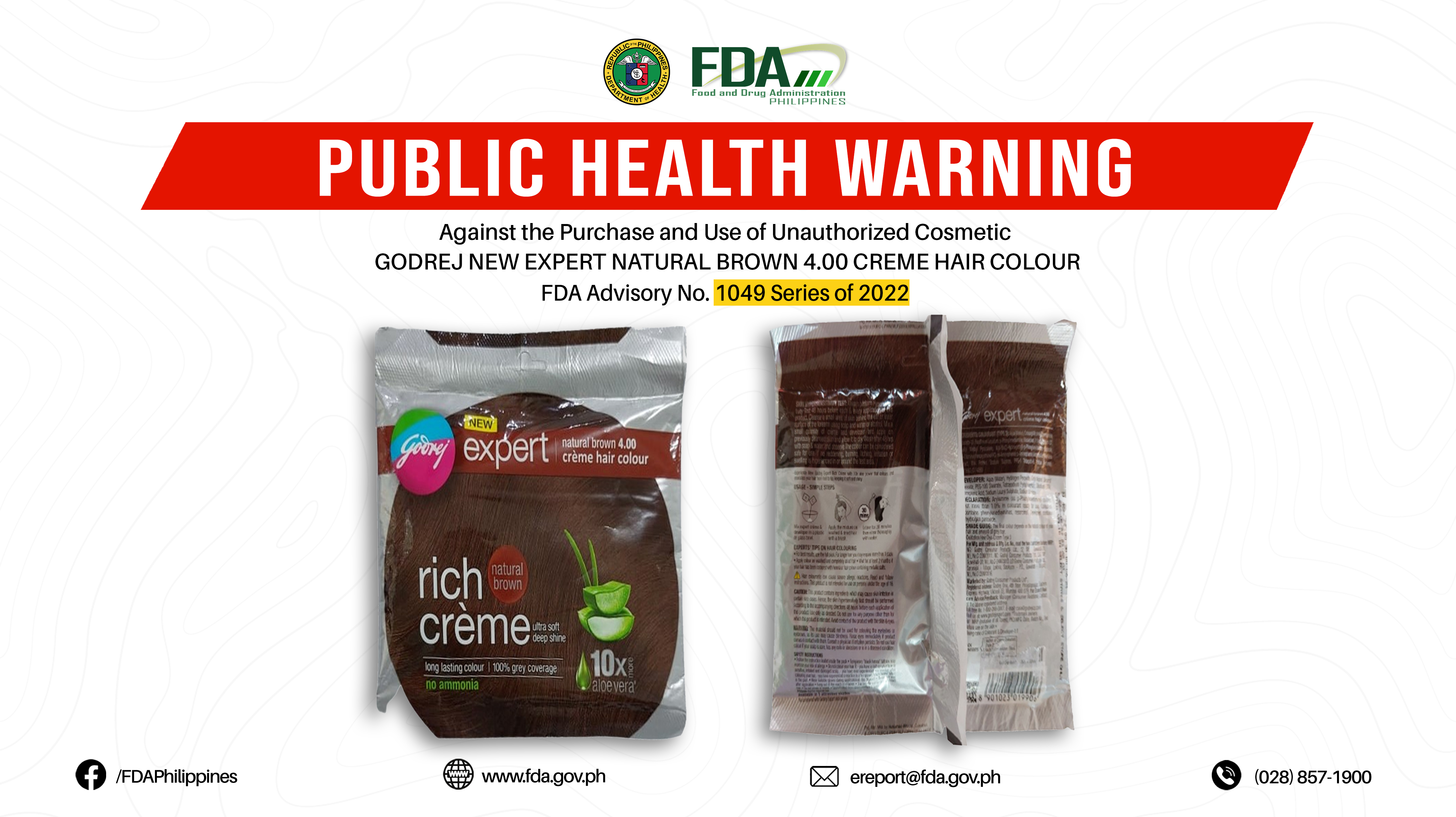FDA Advisory No.2022-1049 || Public Health Warning Against the Purchase and Use of Unauthorized Cosmetic GODREJ NEW EXPERT NATURAL BROWN 4.00 CREME HAIR COLOUR