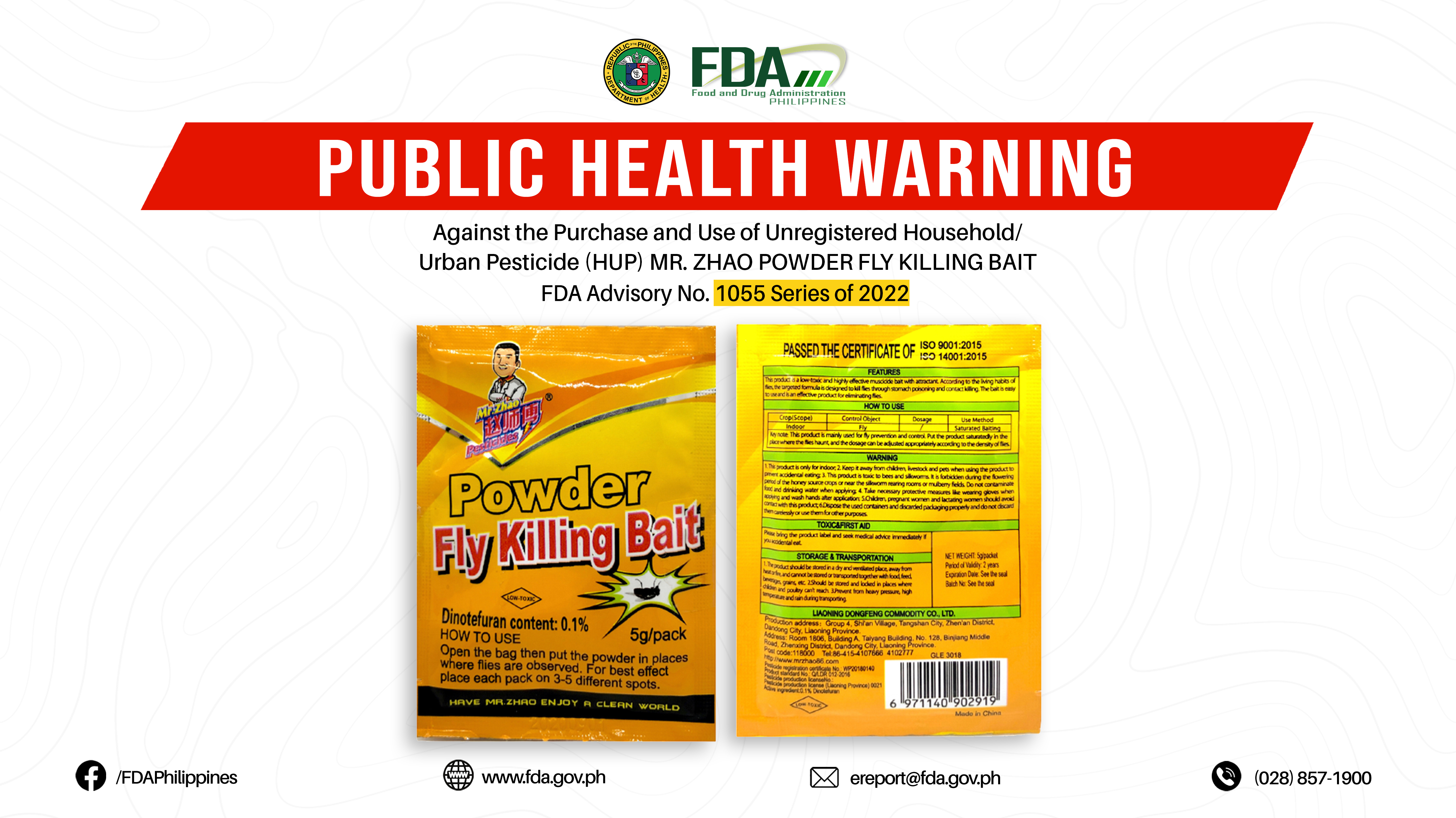 FDA Advisory No.2022-1055 || Public Health Warning Against the Purchase and Use of Unregistered Household/Urban Pesticide (HUP) MR. ZHAO POWDER FLY KILLING BAIT