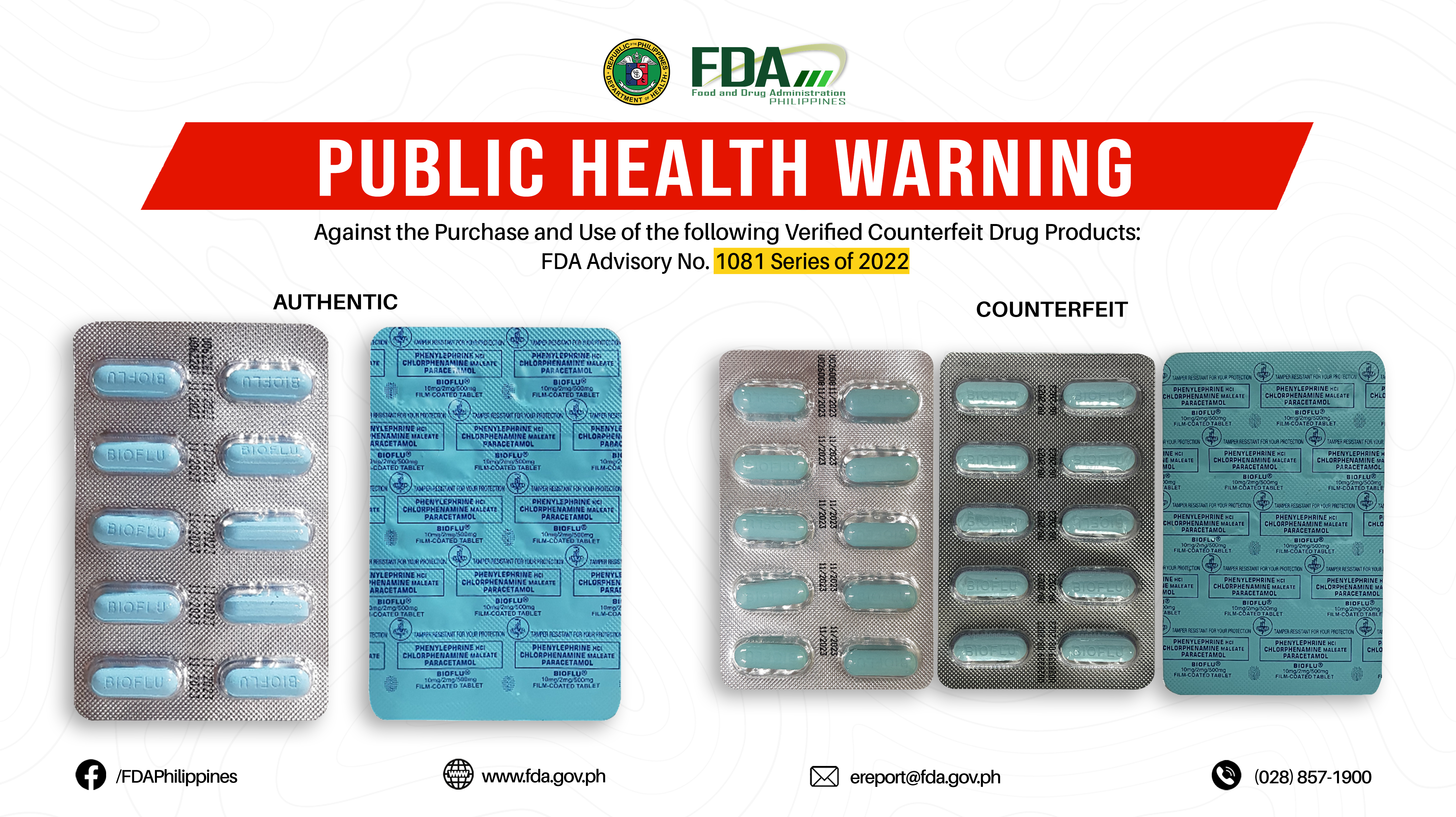FDA Advisory No.2022-1081 || Public Health Warning Against the Purchase and Use of the following Verified Counterfeit Drug Products: