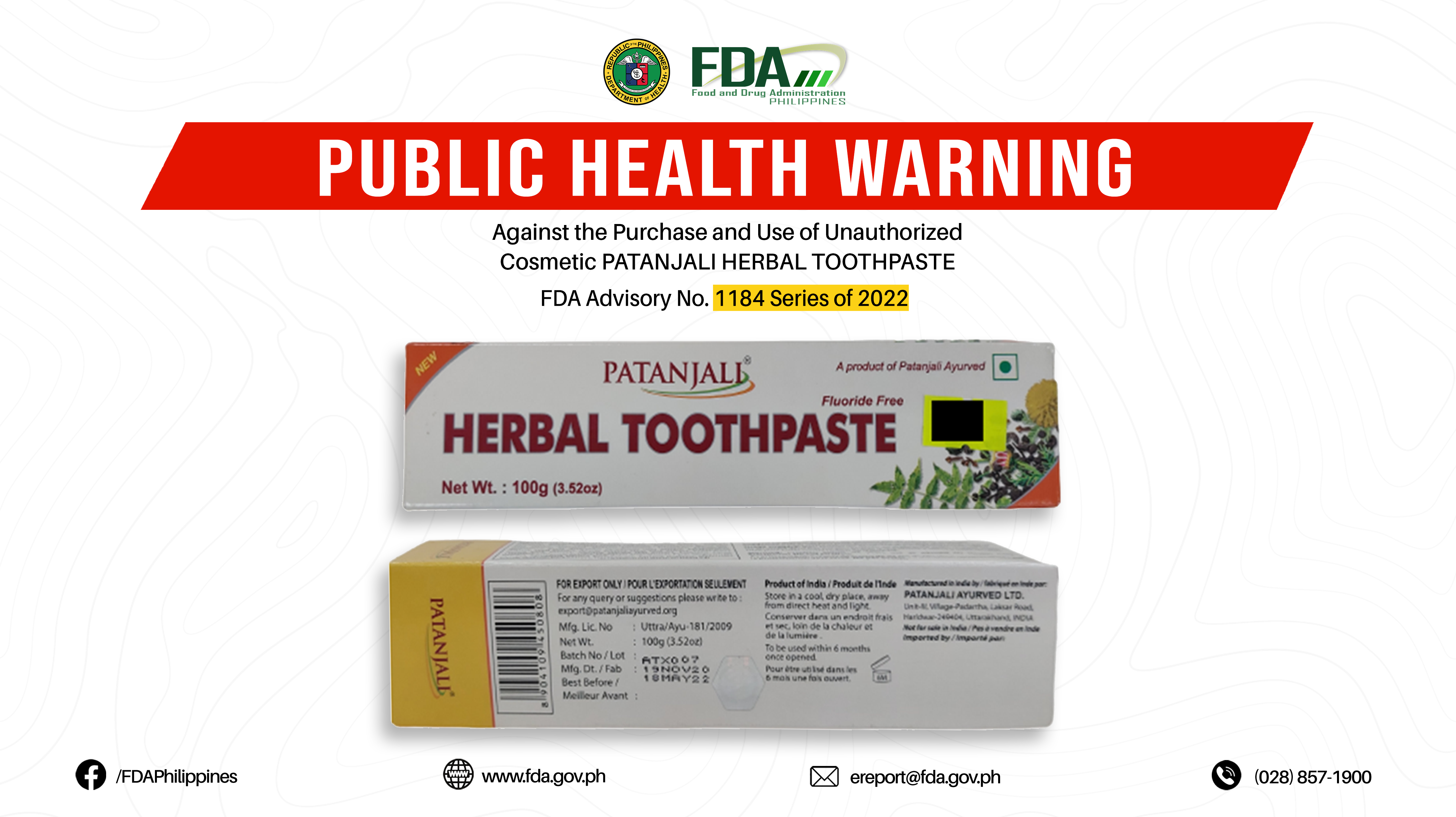 FDA Advisory No.2022-1184 || Public Health Warning Against the Purchase and Use of Unauthorized Cosmetic PATANJALI HERBAL TOOTHPASTE