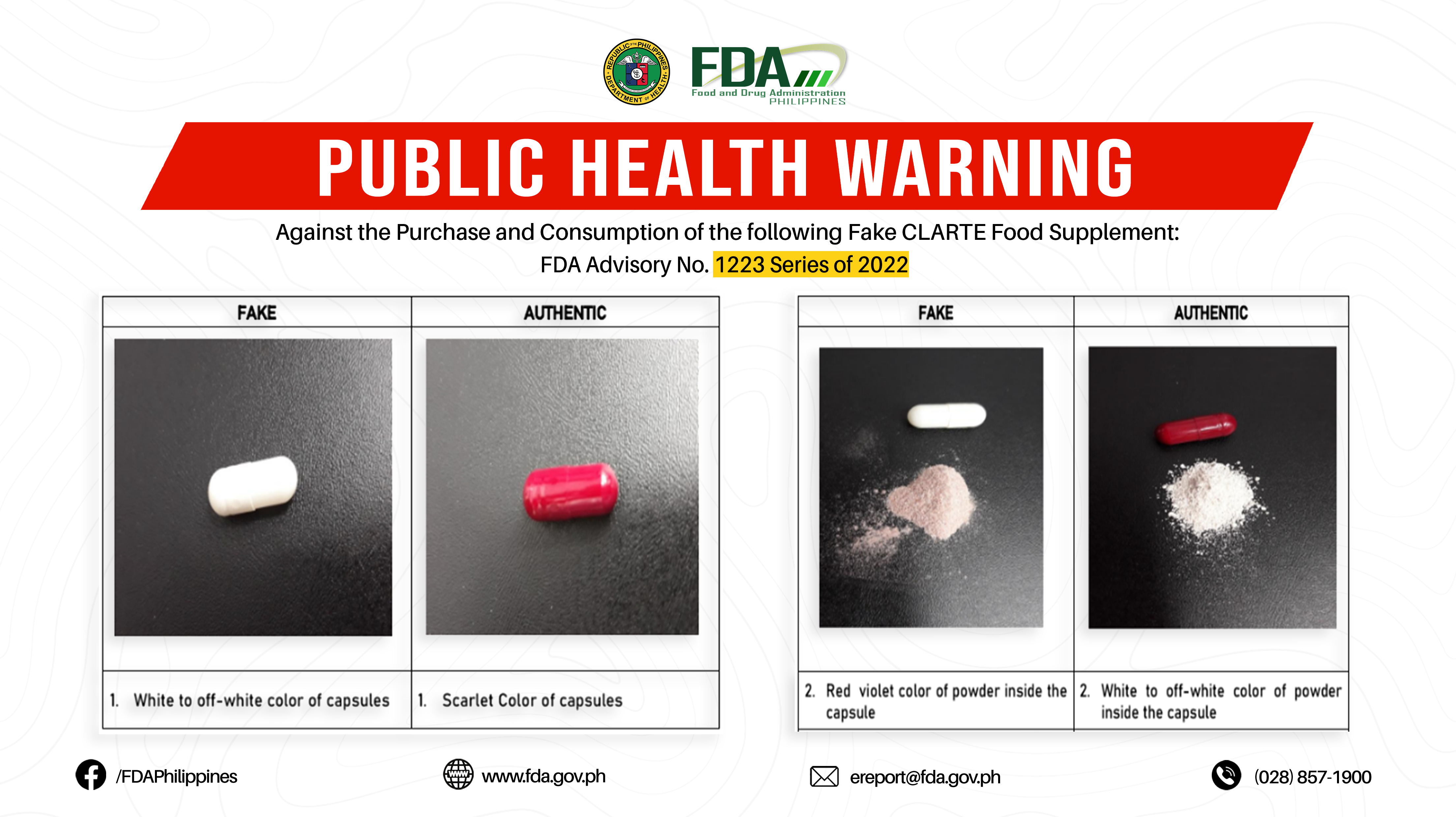 FDA Advisory No.2022-1223 || Public Health Warning Against the Purchase and Consumption of the following Fake CLARTE Food Supplement: