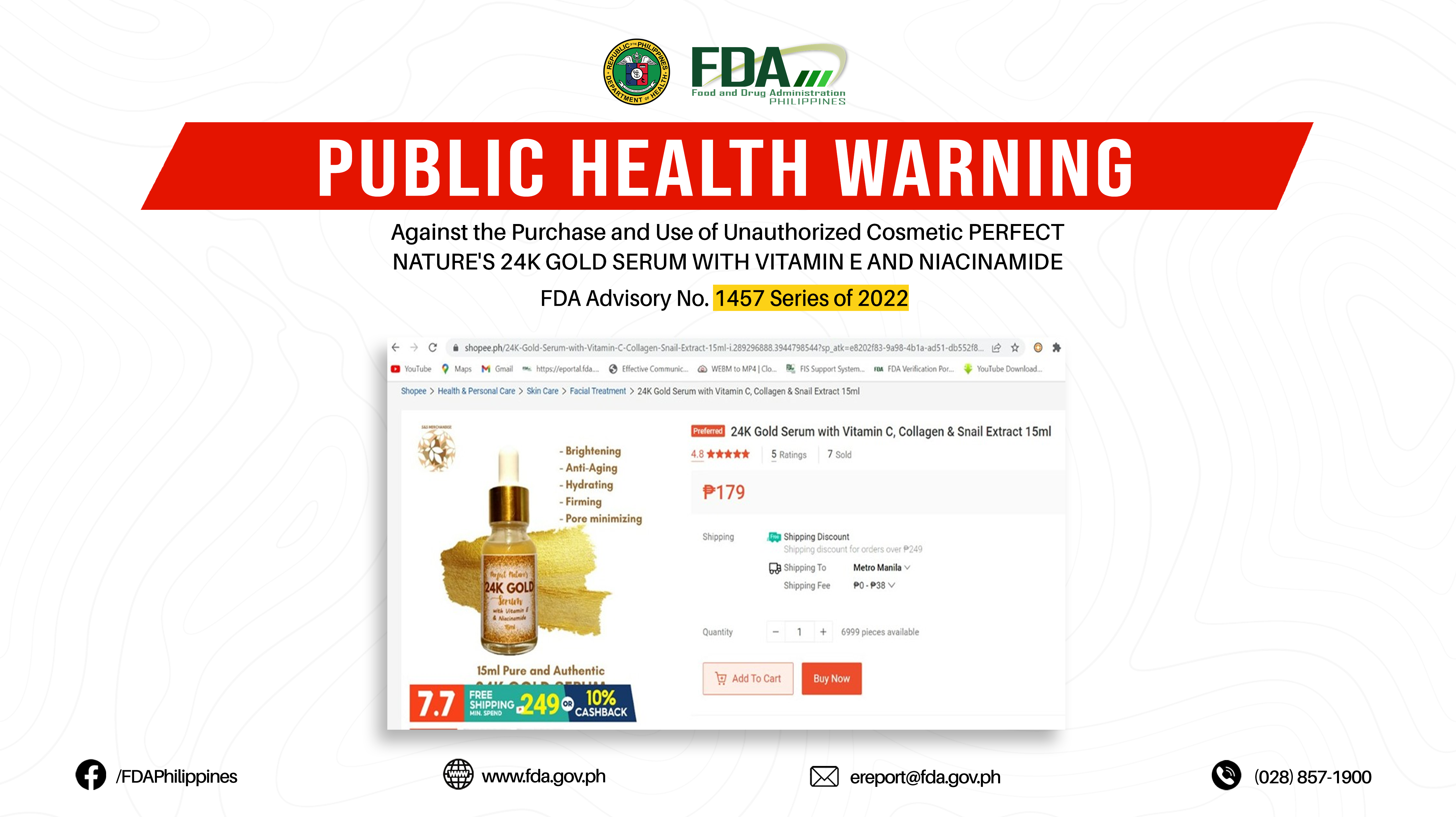 FDA Advisory No.2022-1457 || Public Health Warning Against the Purchase and Use of Unauthorized Cosmetic PERFECT NATURE’S 24K GOLD SERUM WITH VITAMIN E AND NIACINAMIDE