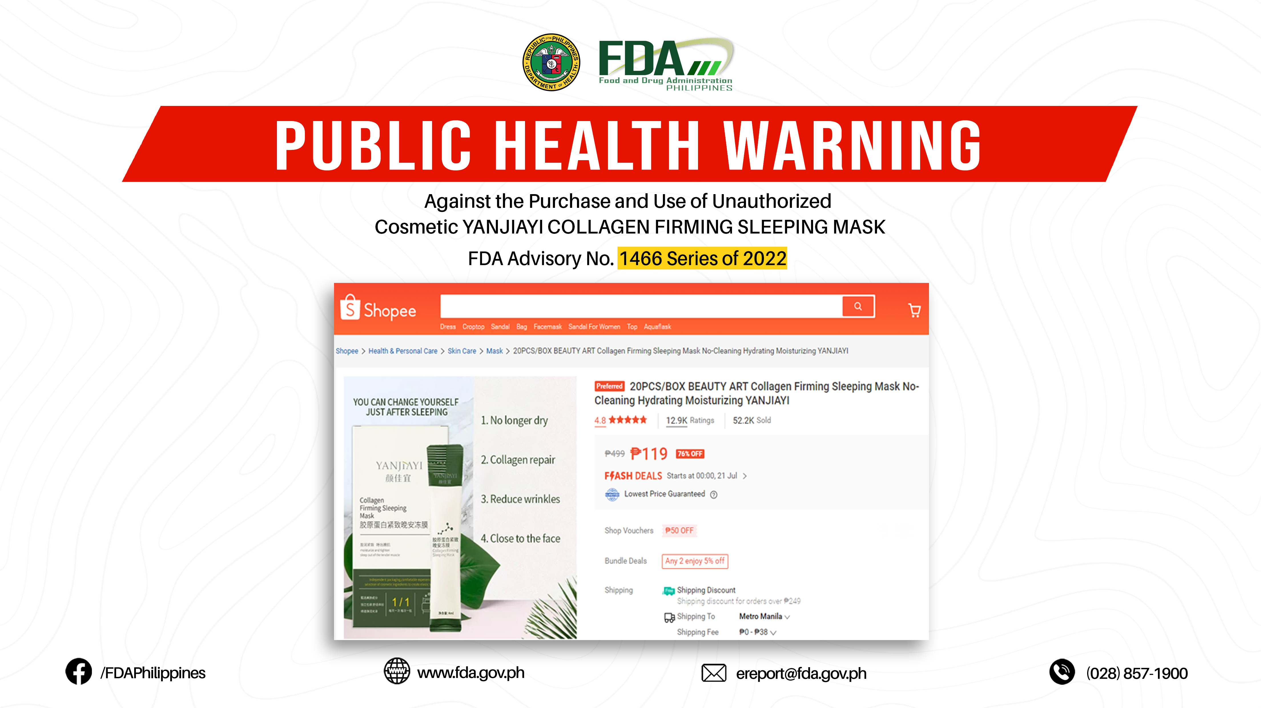 FDA Advisory No.2022-1466 || Public Health Warning Against the Purchase and Use of Unauthorized Cosmetic YANJIAYI COLLAGEN FIRMING SLEEPING MASK