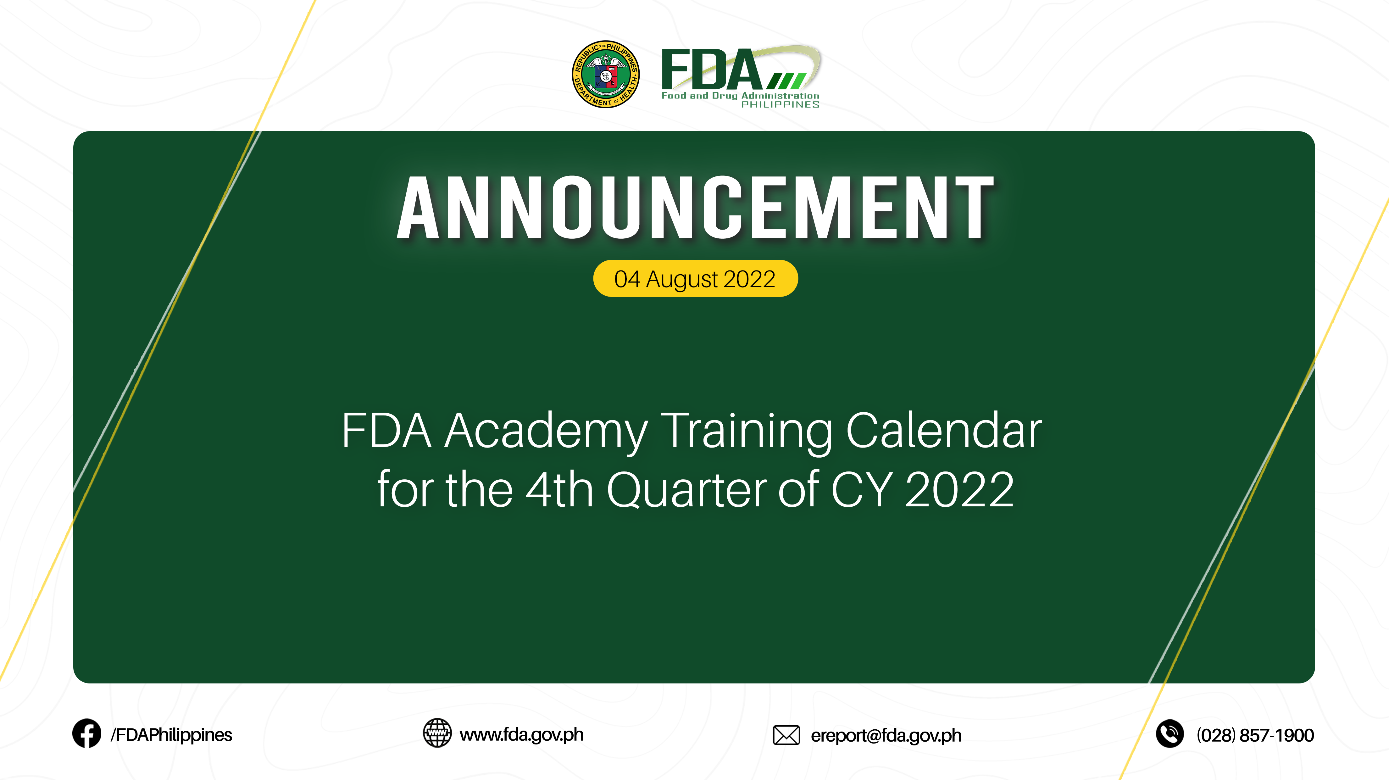 Announcement || FDA Academy Training Calendar for the 4th Quarter of CY 2022