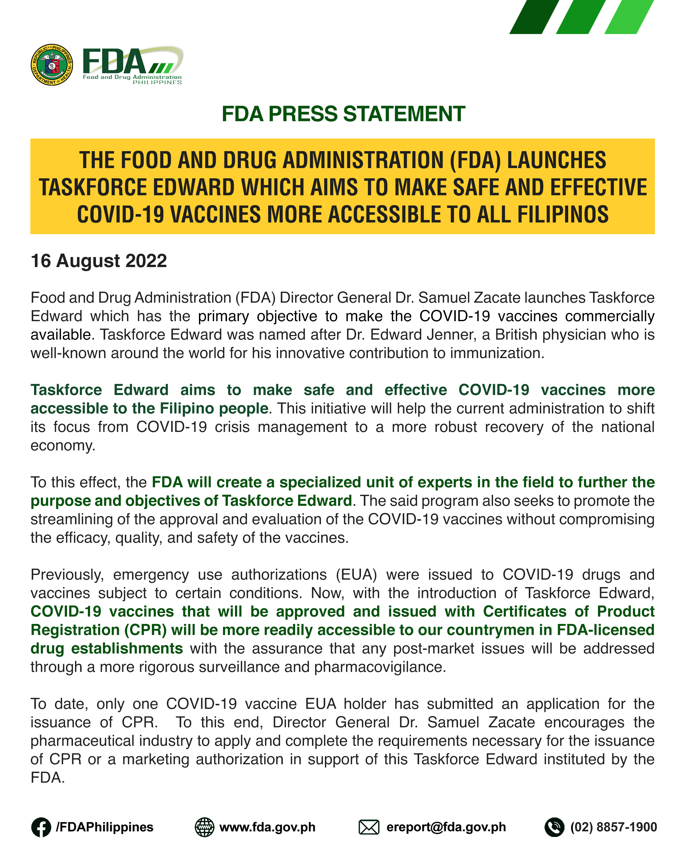 Press Statement || The Food and Drug Administration (FDA) Launches Taskforce Edward Which Aims to Make Safe and Effective COVID-19 Vaccines More Accessible to All Filipinos