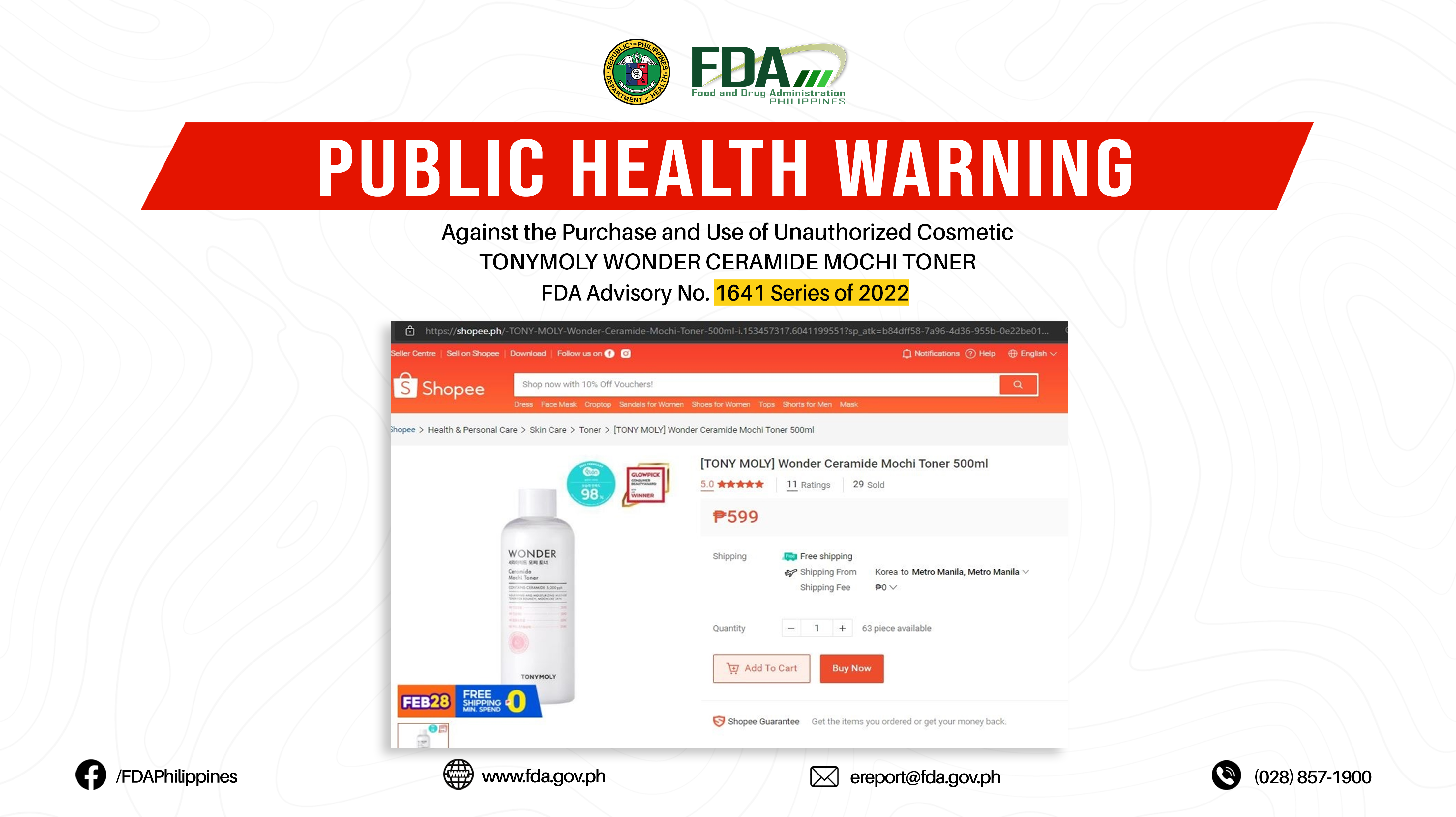 FDA Advisory No.2022-1641 || Public Health Warning Against the Purchase and Use of Unauthorized Cosmetic TONYMOLY WONDER CERAMIDE MOCHI TONER