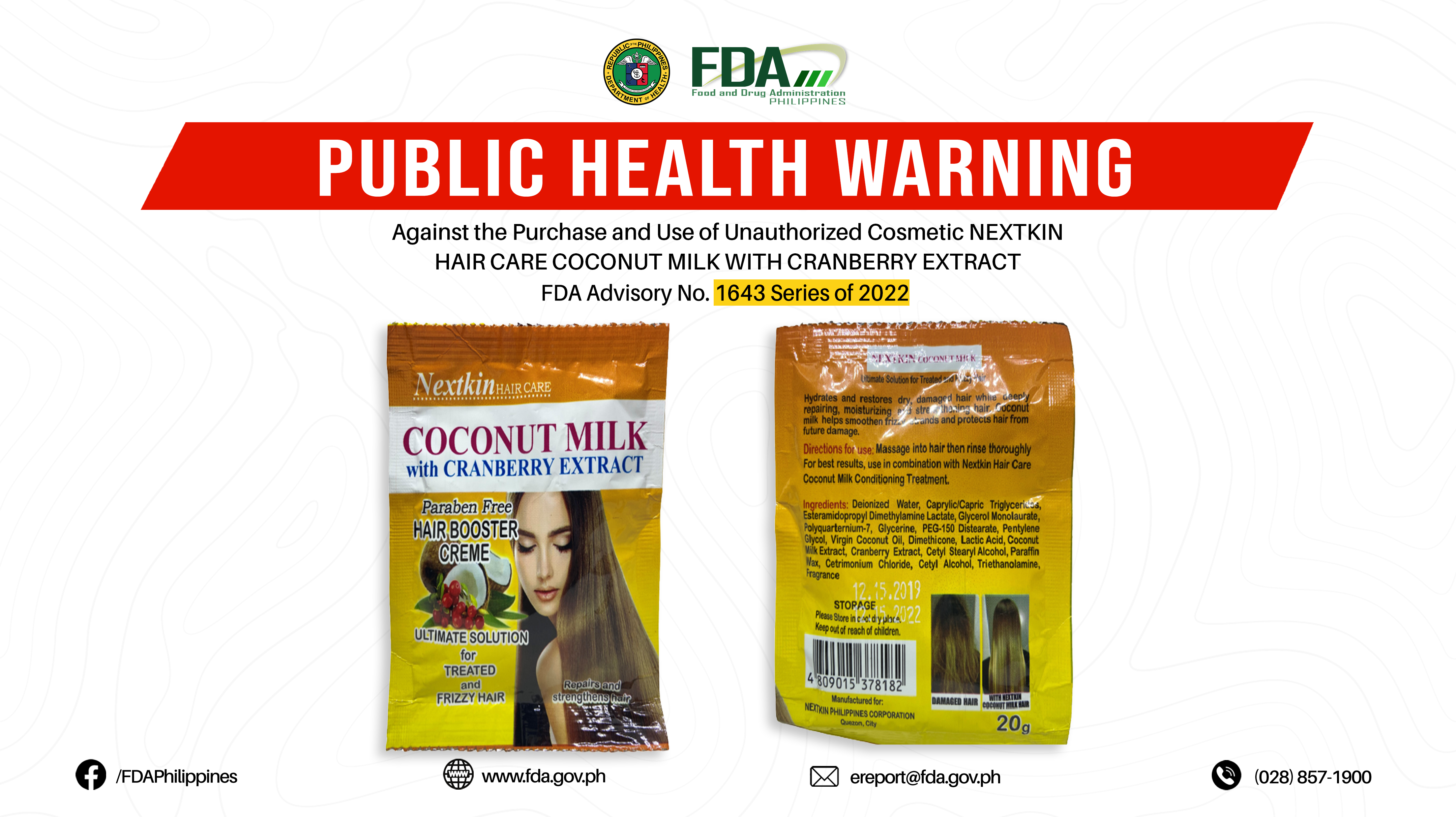 FDA Advisory No.2022-1643 || Public Health Warning Against the Purchase and Use of Unauthorized Cosmetic NEXTKIN HAIR CARE COCONUT MILK WITH CRANBERRY EXTRACT