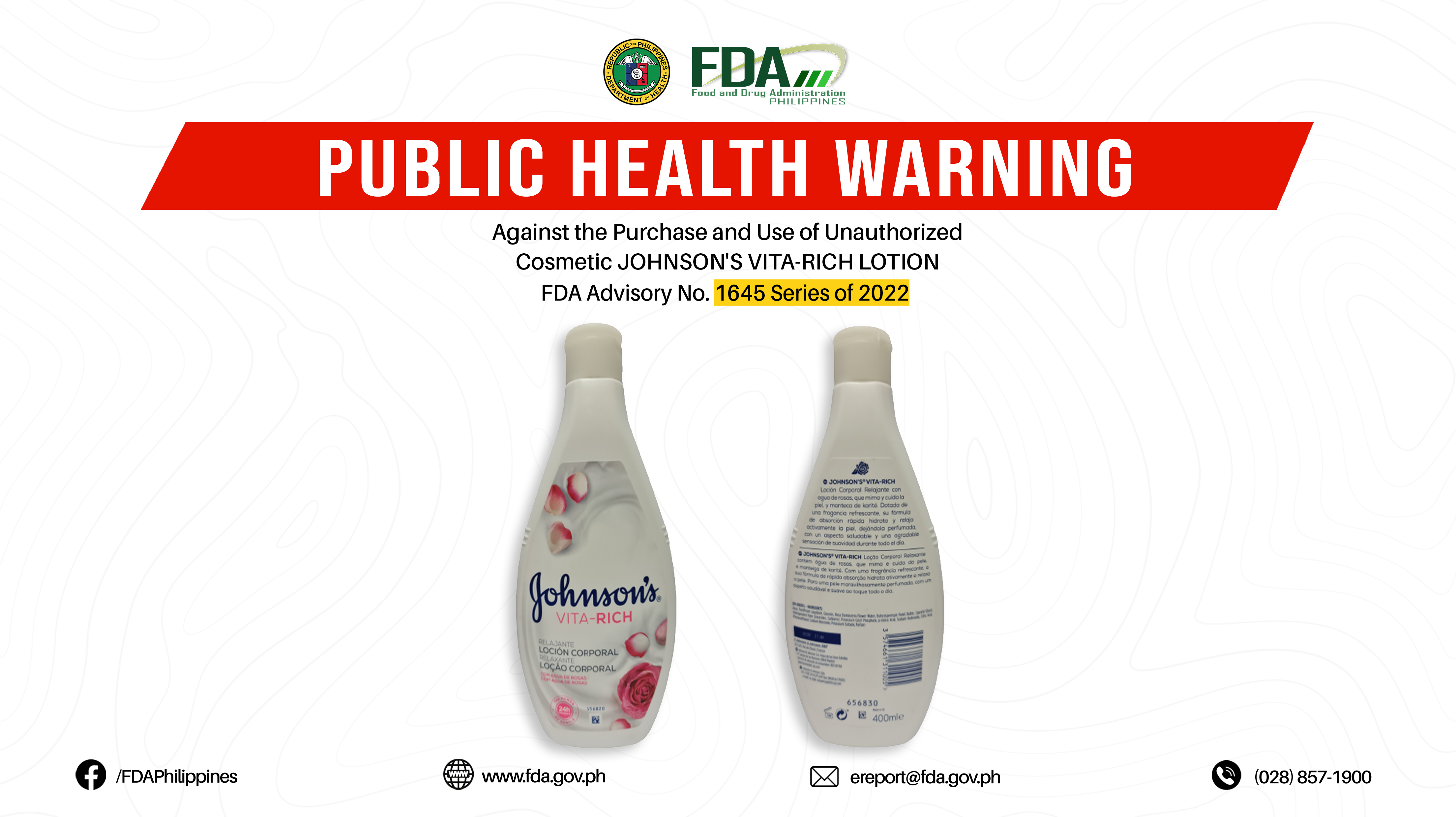 FDA Advisory No.2022-1645 || Public Health Warning Against the Purchase and Use of Unauthorized Cosmetic JOHNSON’S VITA-RICH LOTION