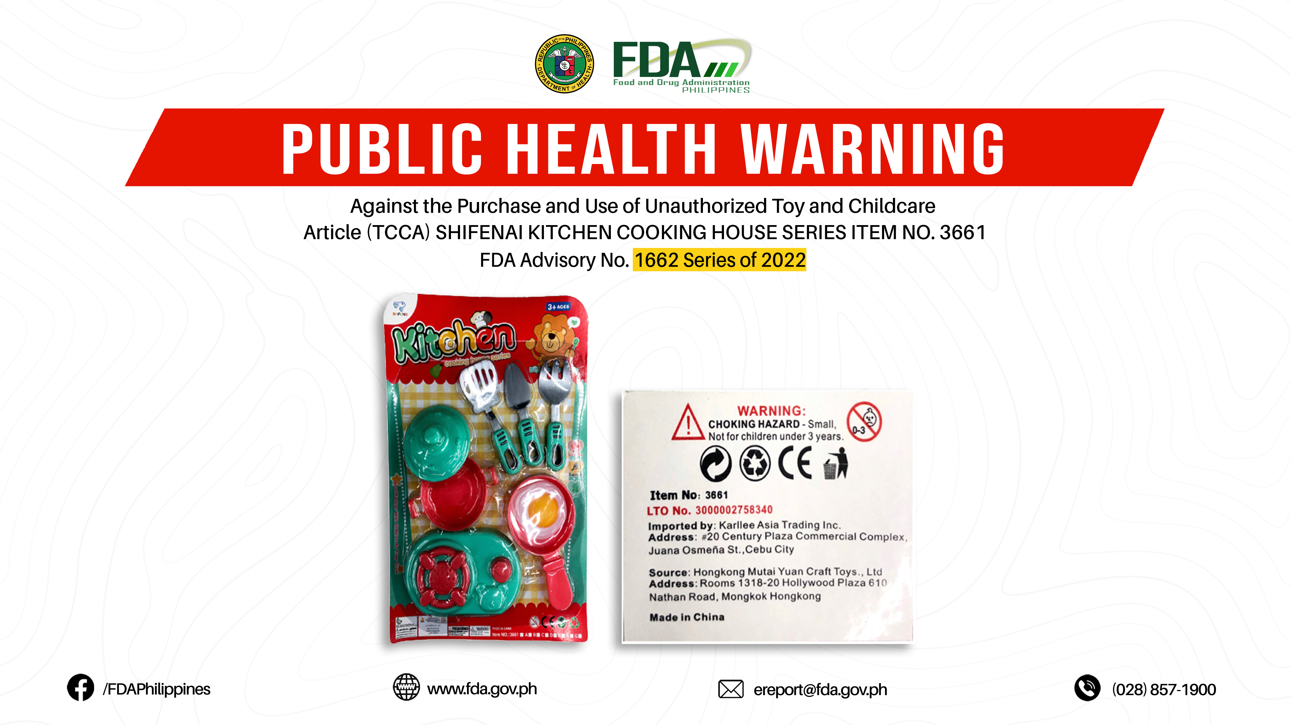 FDA Advisory No.2022-1662 || Public Health Warning Against the Purchase and Use of Unauthorized Toy and Childcare Article (TCCA) SHIFENAI KITCHEN COOKING HOUSE SERIES ITEM NO. 3661