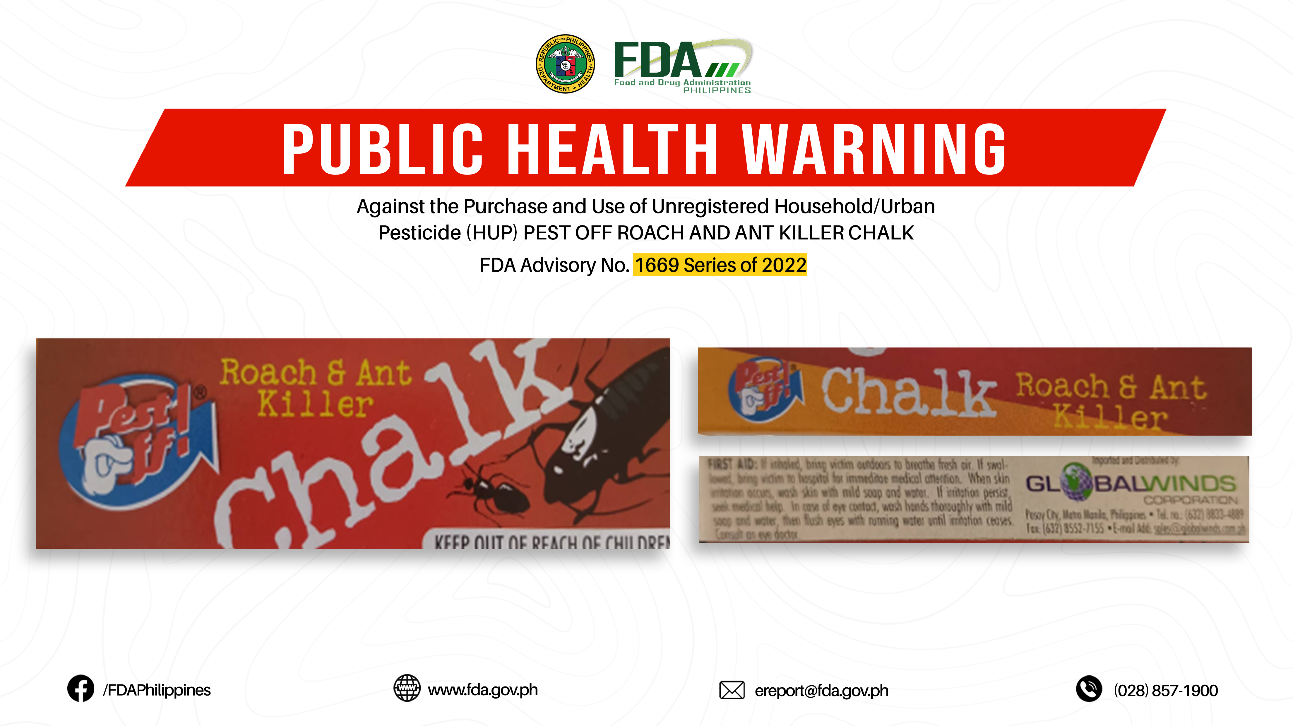 FDA Advisory No.2022-1669 || Public Health Warning Against the Purchase and Use of Unregistered Household/Urban Pesticide (HUP) PEST OFF ROACH AND ANT KILLER CHALK