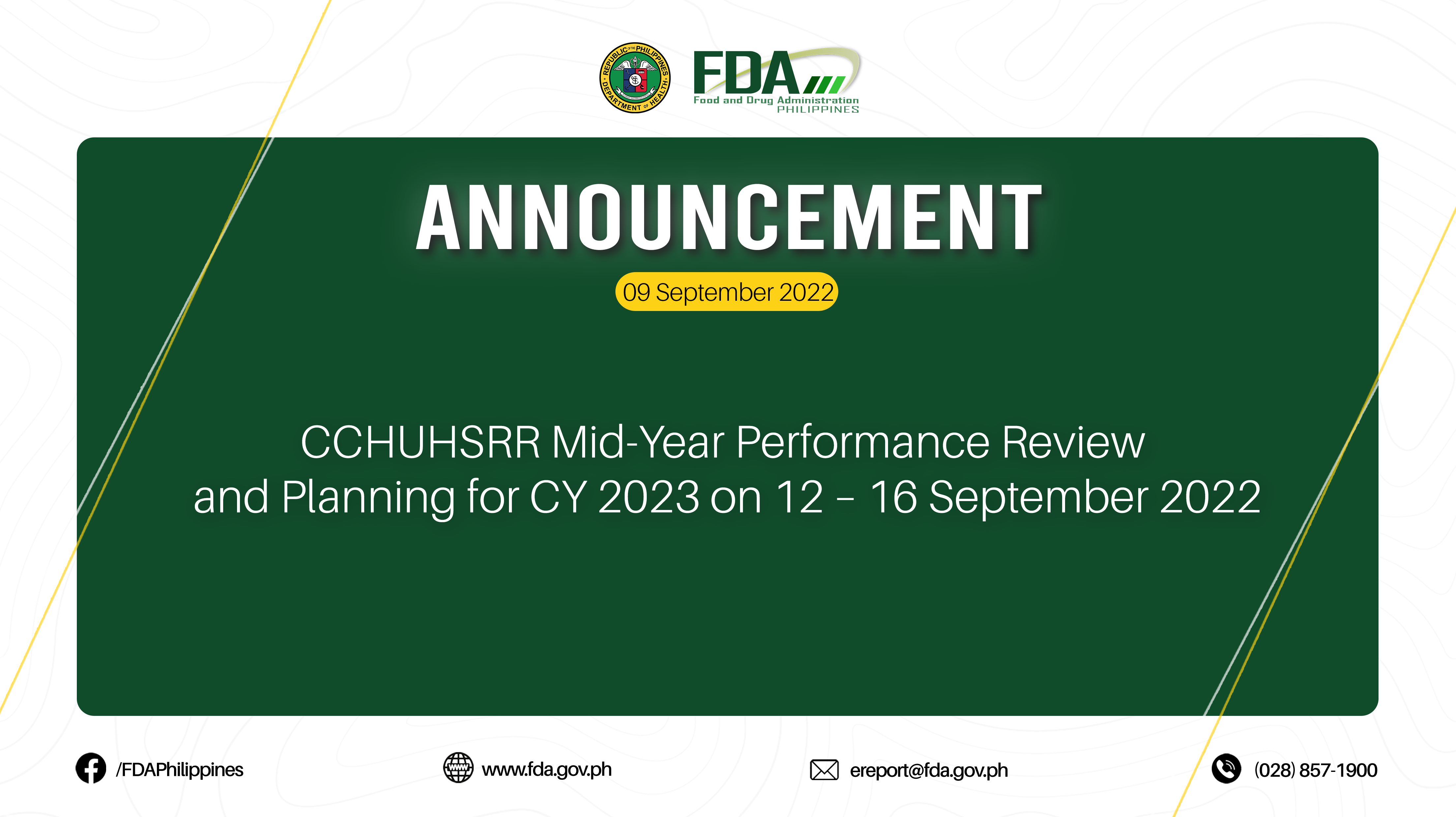 ANNOUNCEMENT || CCHUHSRR Mid-Year Performance Review  and Planning for CY 2023 on 12 – 16 September 2022