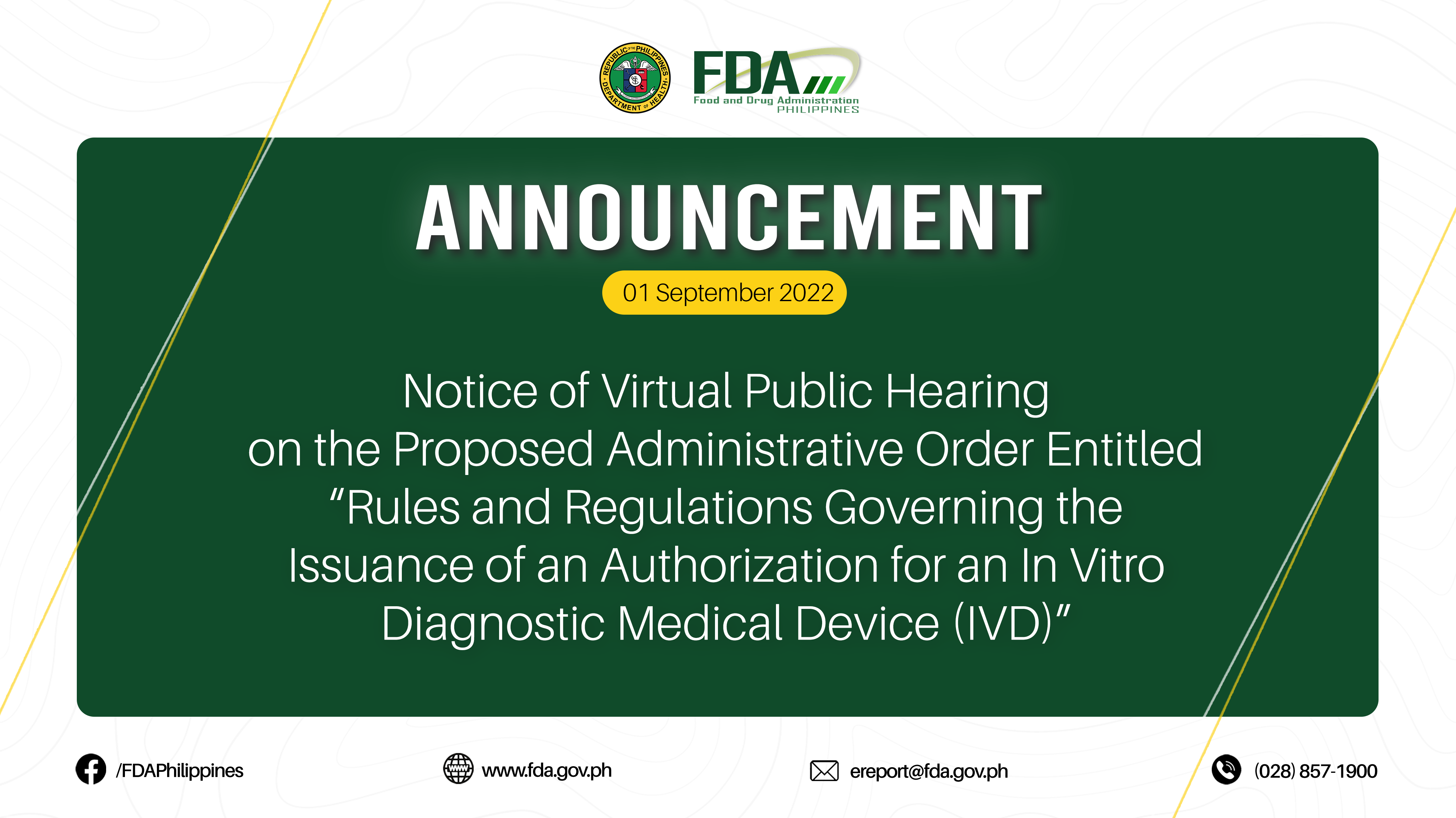 Announcement || Notice of Virtual Public Hearing on the Proposed Administrative Order Entitled “Rules and Regulations Governing the Issuance of an Authorization for an In Vitro Diagnostic Medical Device (IVD)”
