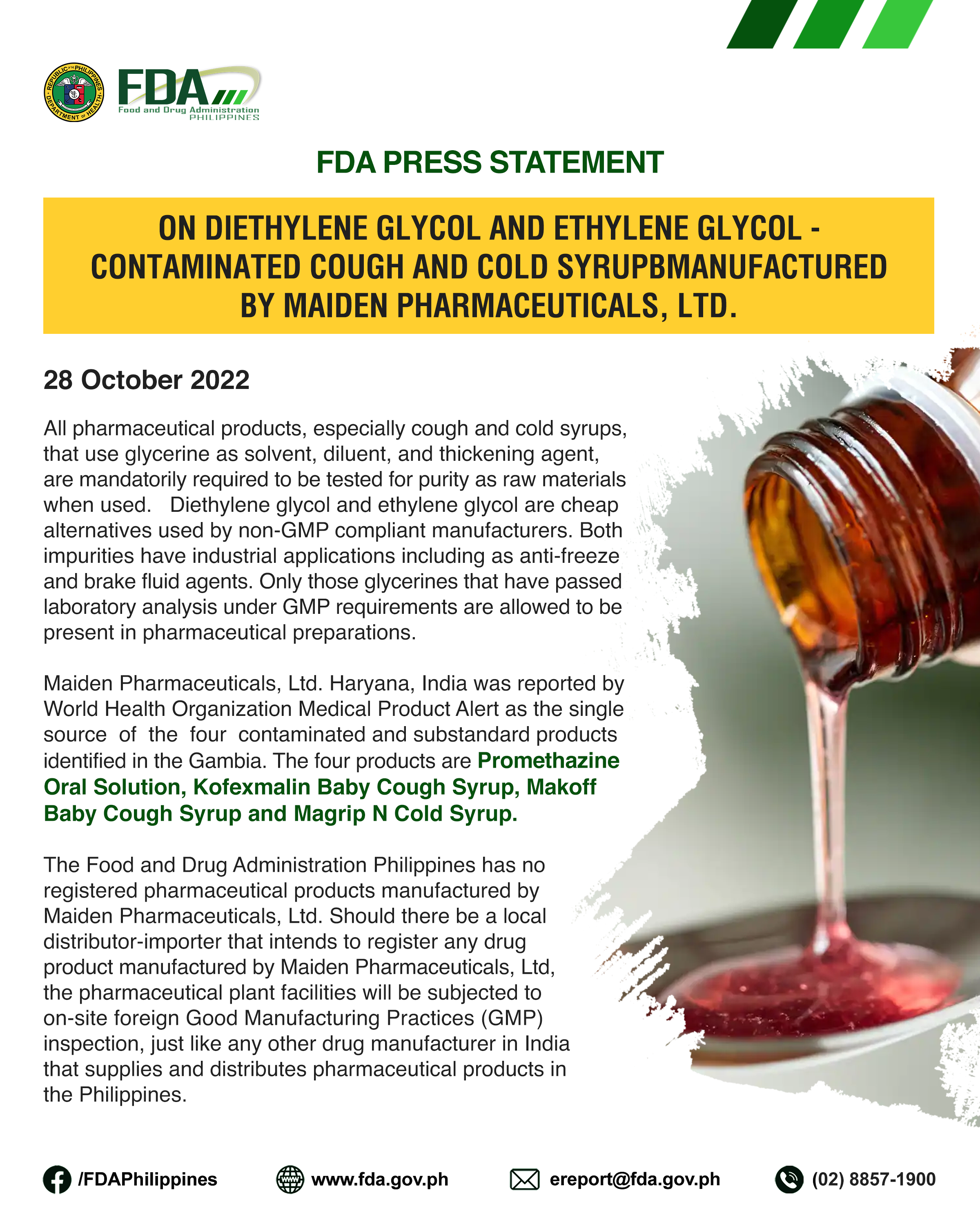 FDA STATEMENT || On Diethylene glycol and Ethylene glycol – contaminated Cough and Cold Syrup Manufactured by Maiden Pharmaceuticals, Ltd.