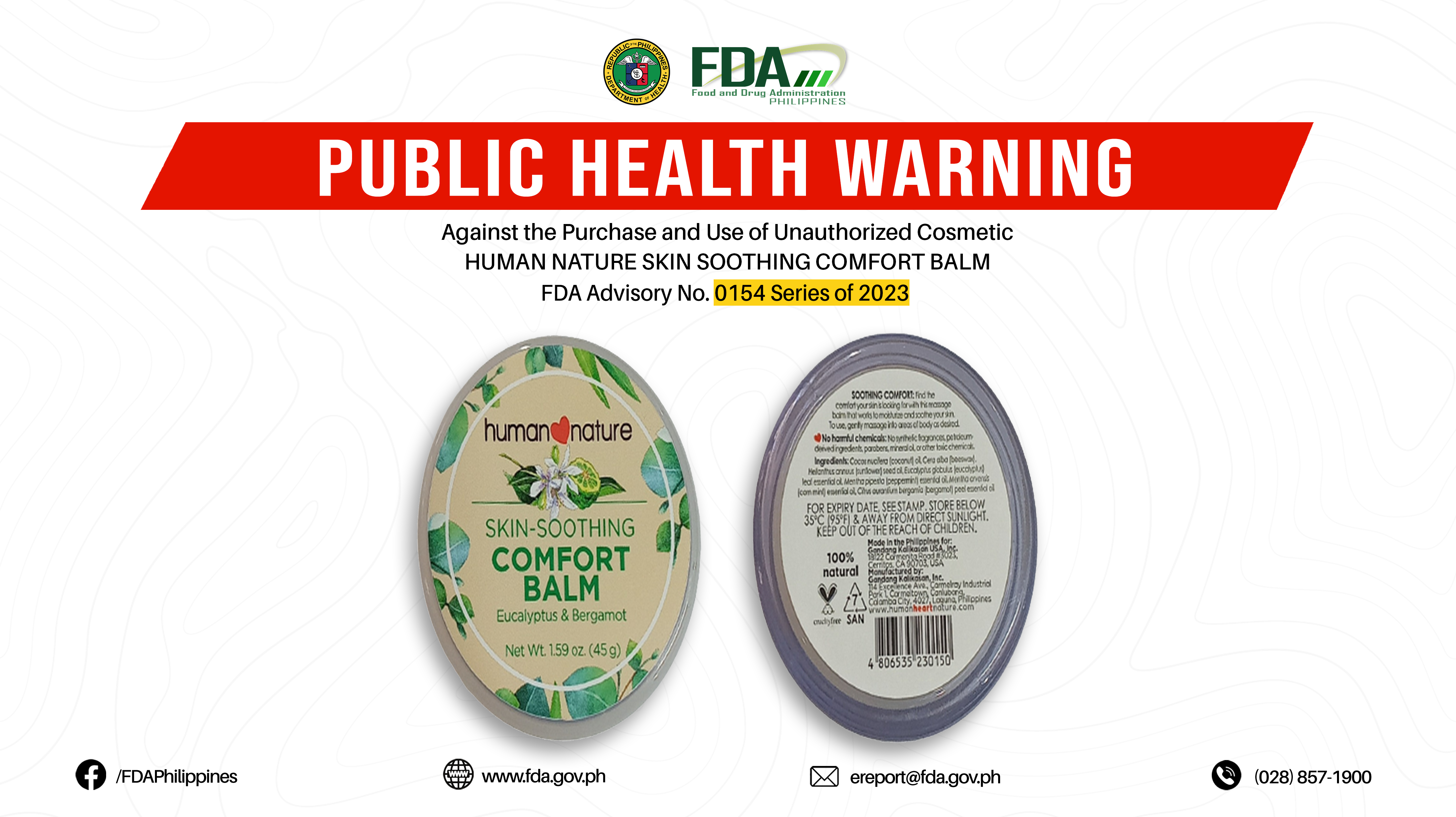 FDA Advisory No.2023-0154 || Public Health Warning Against the Purchase and Use of Unauthorized Cosmetic HUMAN NATURE SKIN SOOTHING COMFORT BALM