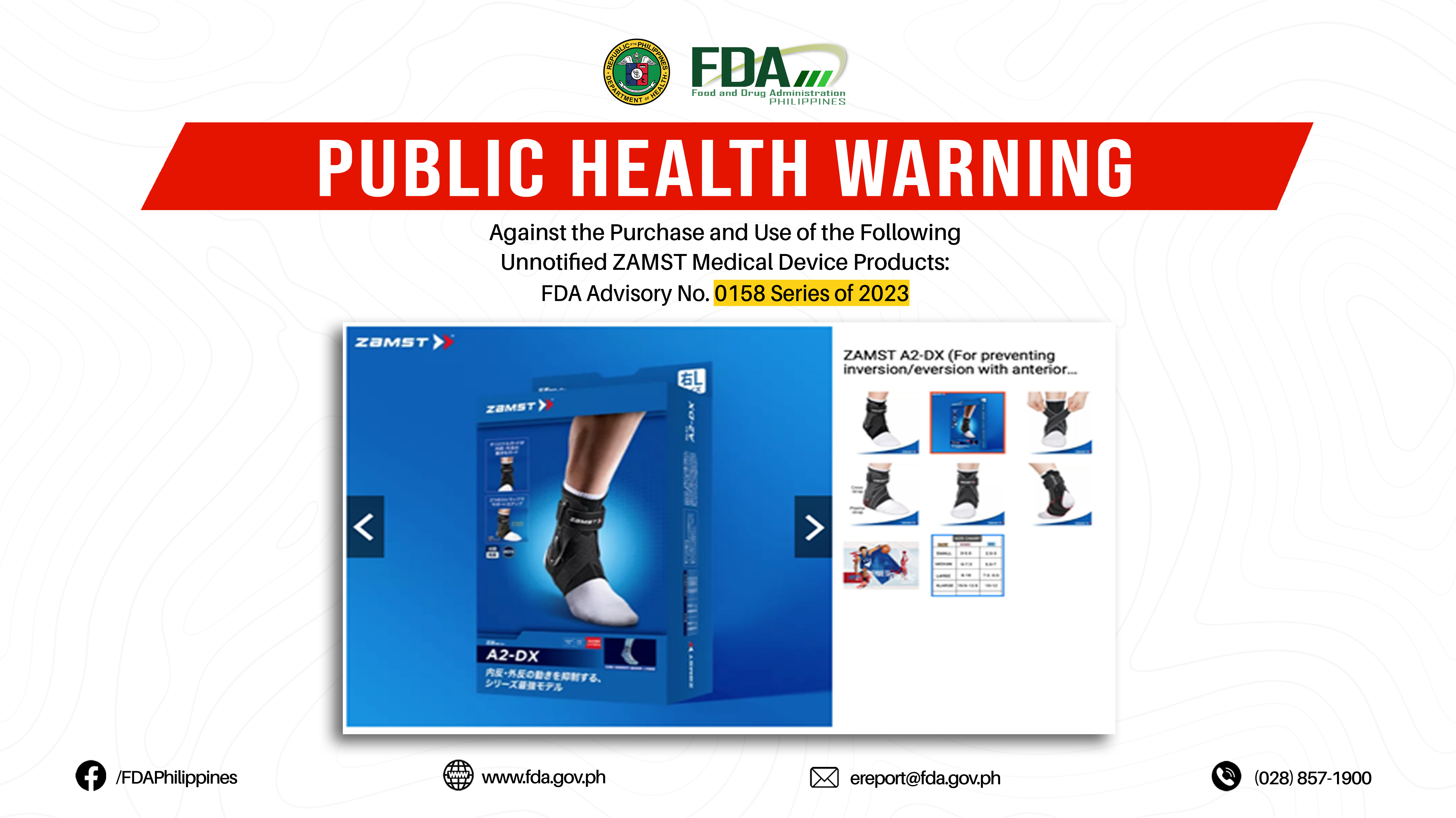 FDA Advisory No.2023-0158 || Public Health Warning Against the Purchase and Use of the Following Unnotified ZAMST Medical Device Products: