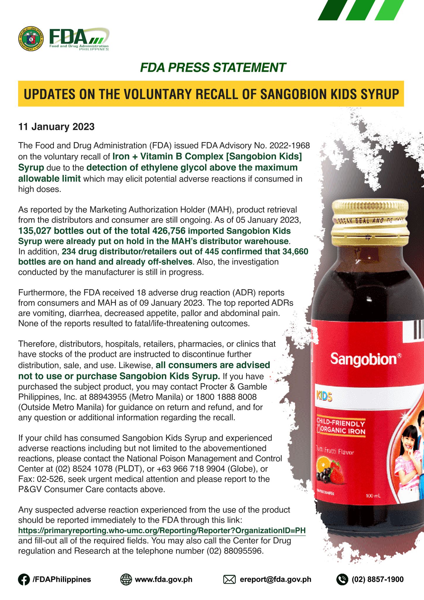 FDA Press Statement || Updates on the Voluntary Recall of Sangobion Kids Syrup