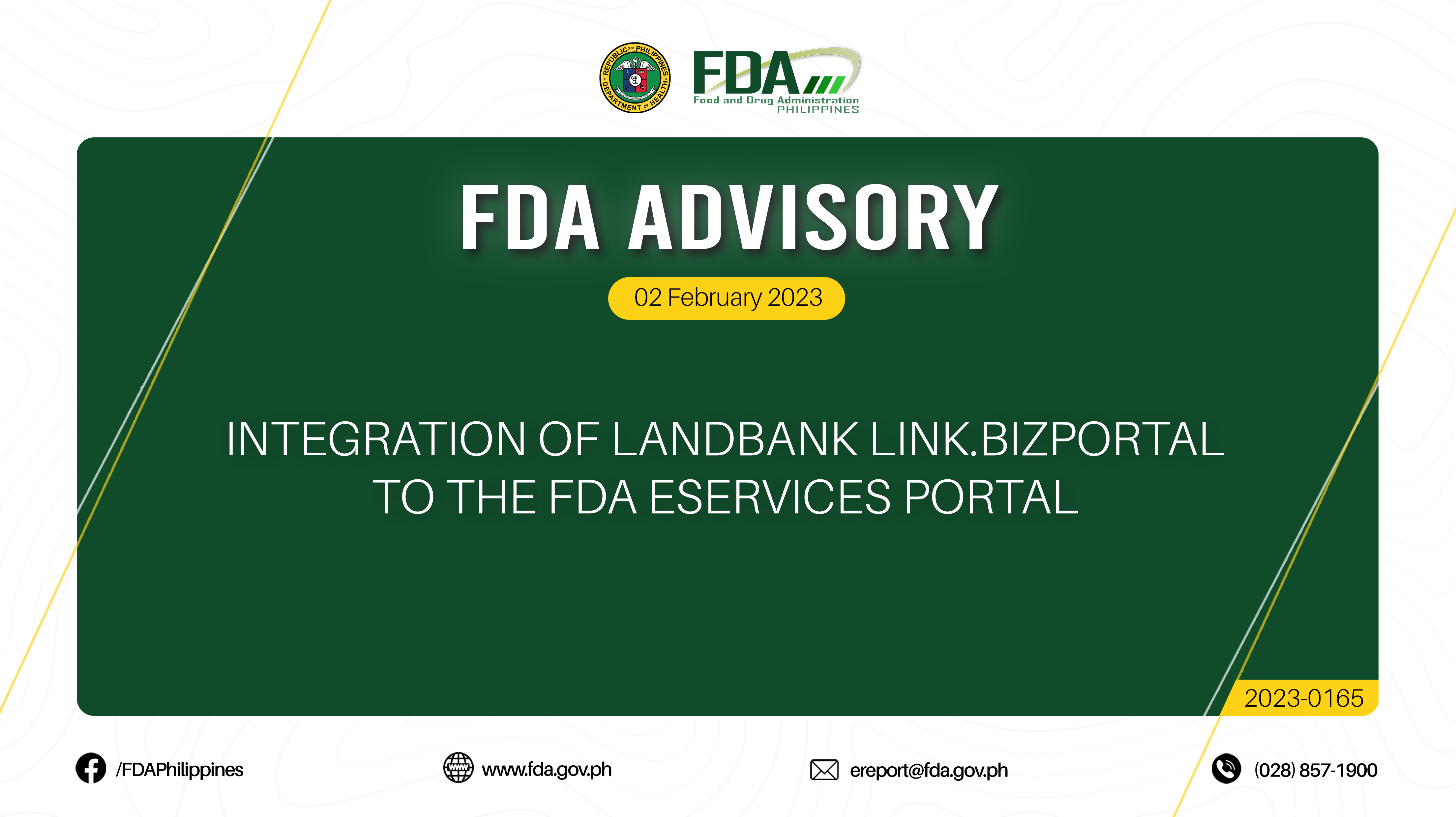 FDA Advisory No.2023-0165 || INTEGRATION OF LANDBANK LINK.BIZPORTAL TO THE FDA  ESERVICES PORTAL