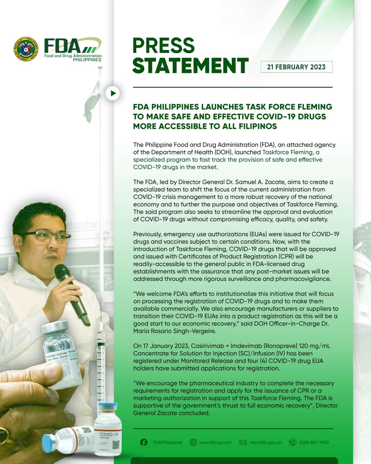 Press Statement || 21 February 2023 FDA Philippines Launches Task Force Fleming to Make Safe and Effective Covid-19 Drugs More Accessible to All Filipinos.