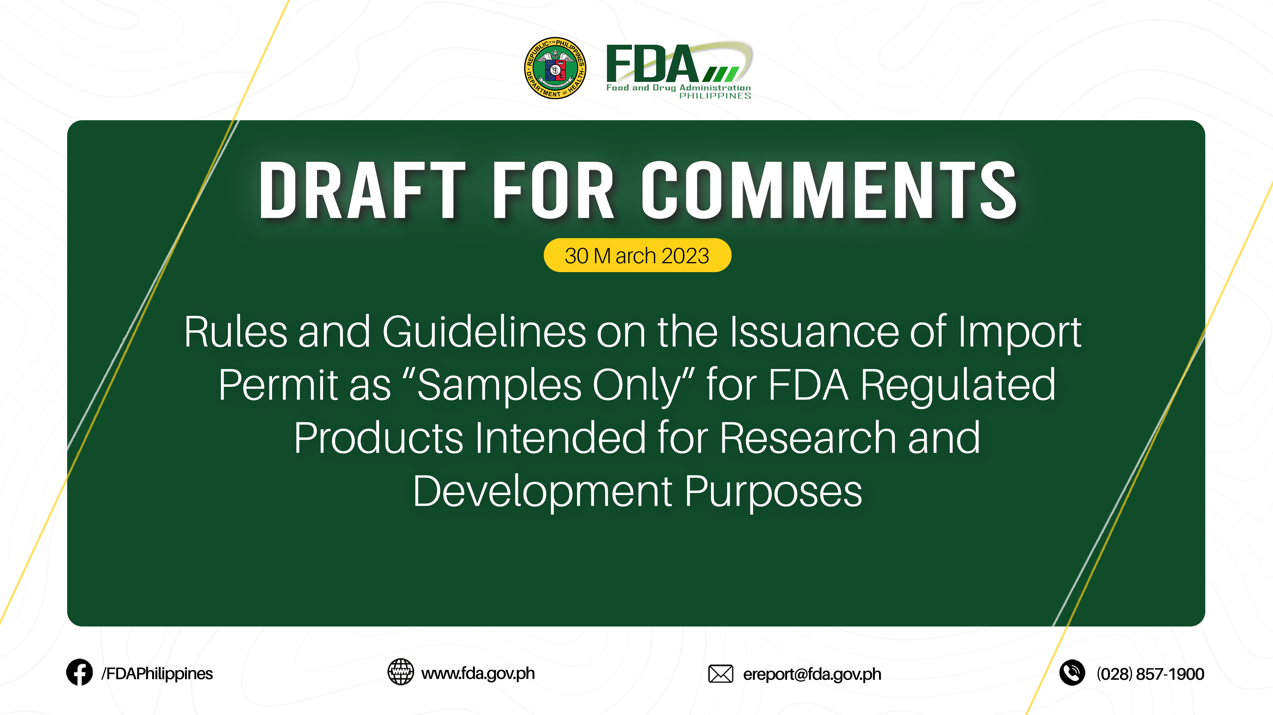 Draft for Comments ||  Rules and Guidelines on the Issuance of Import Permit as “Samples Only” for FDA Regulated Products Intended for Research and Development Purposes