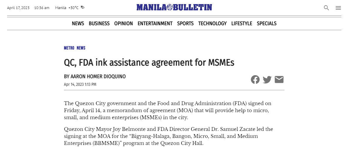 FDA on the News || QC, FDA ink assistance agreement for MSMEs
