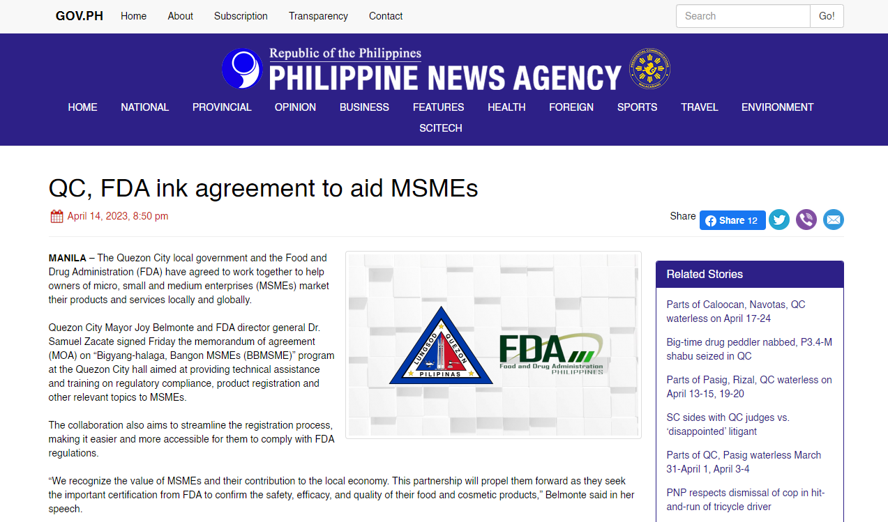 FDA on the News || QC, FDA ink agreement to aid MSMEs
