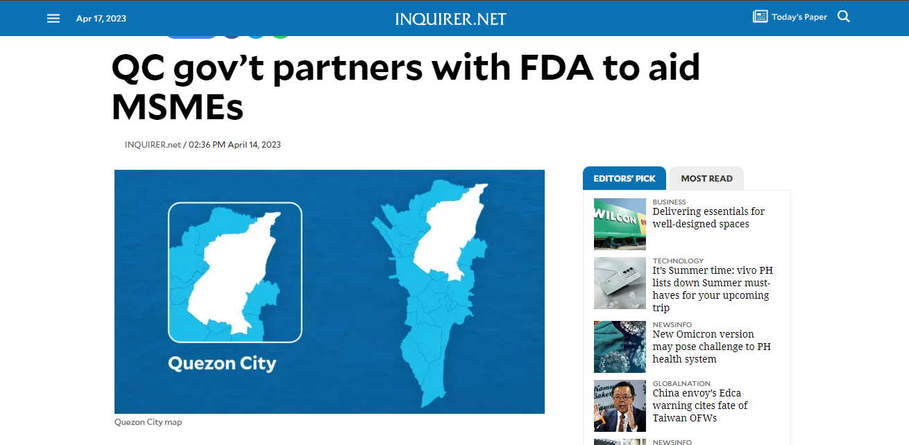 FDA on the News || QC gov’t partners with FDA to aid MSMEs