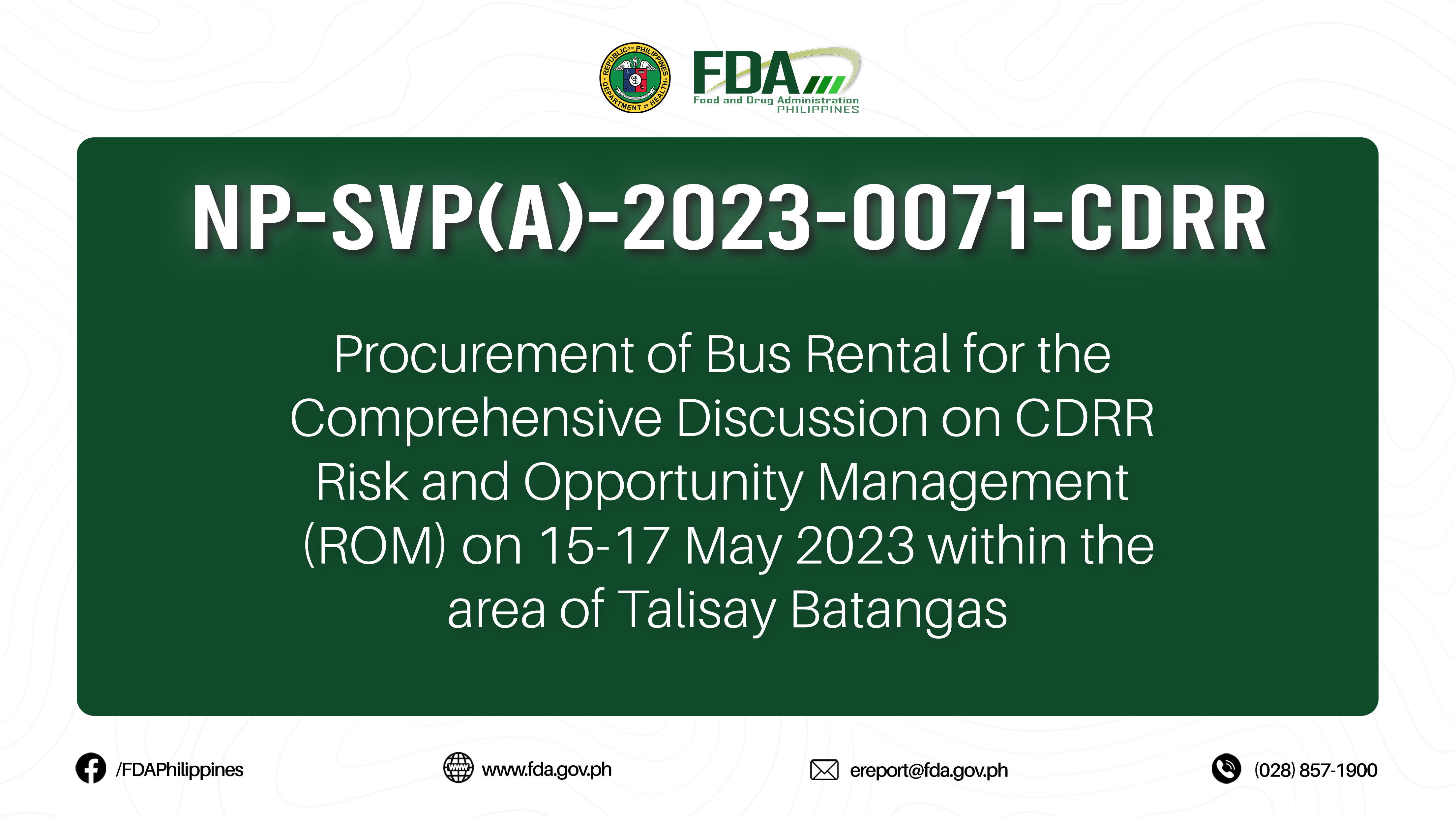 NP-SVP(A)-2023-0071-CDRR || Procurement of Bus Rental for the Comprehensive Discussion on CDRR Risk and Opportunity Management (ROM) on 15-17 May 2023 within the area of  Talisay Batangas