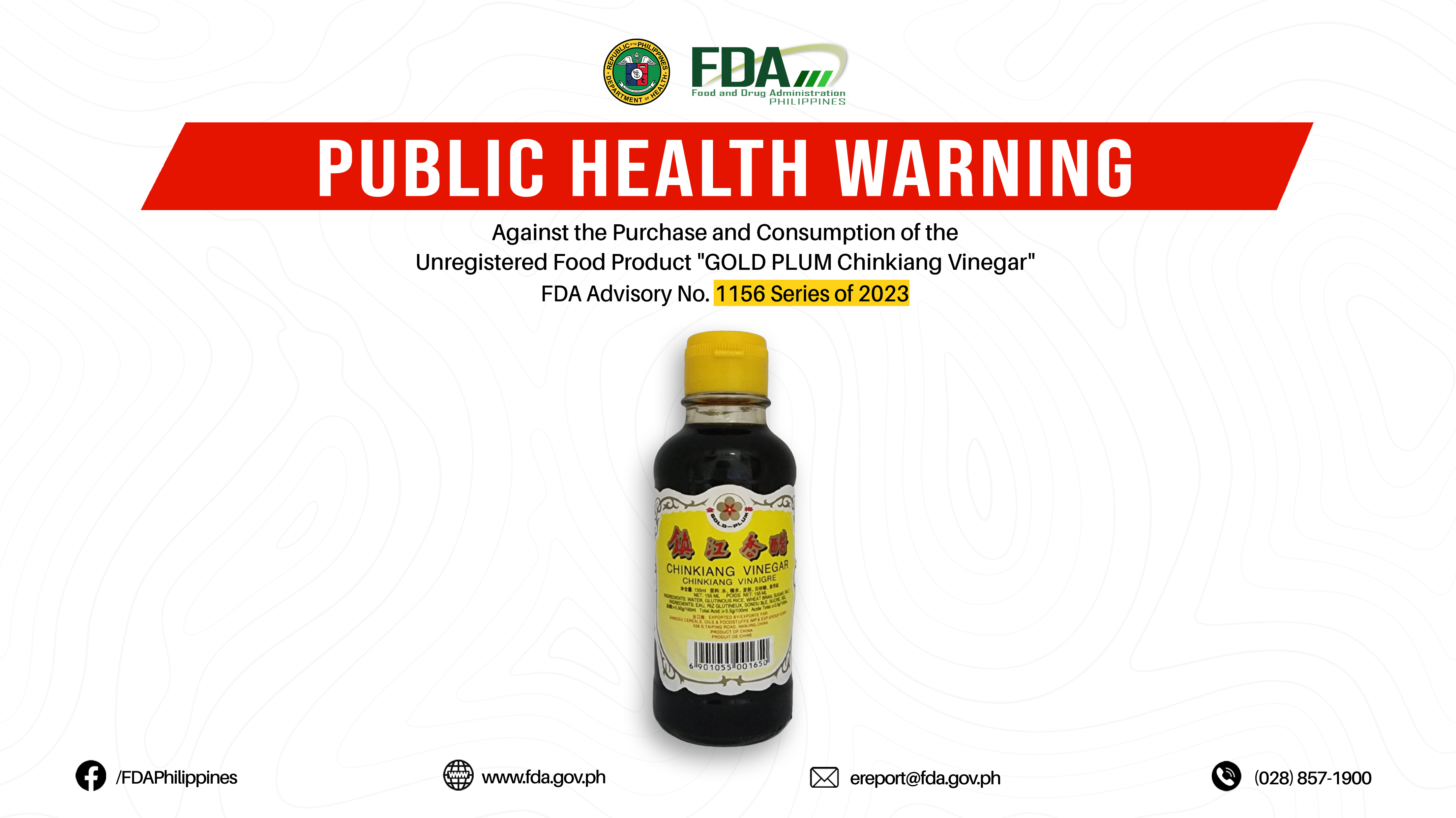 FDA Advisory No.2023-1156 || Public Health Warning Against the Purchase and Consumption of the Unregistered Food Product “GOLD PLUM Chinkiang Vinegar”
