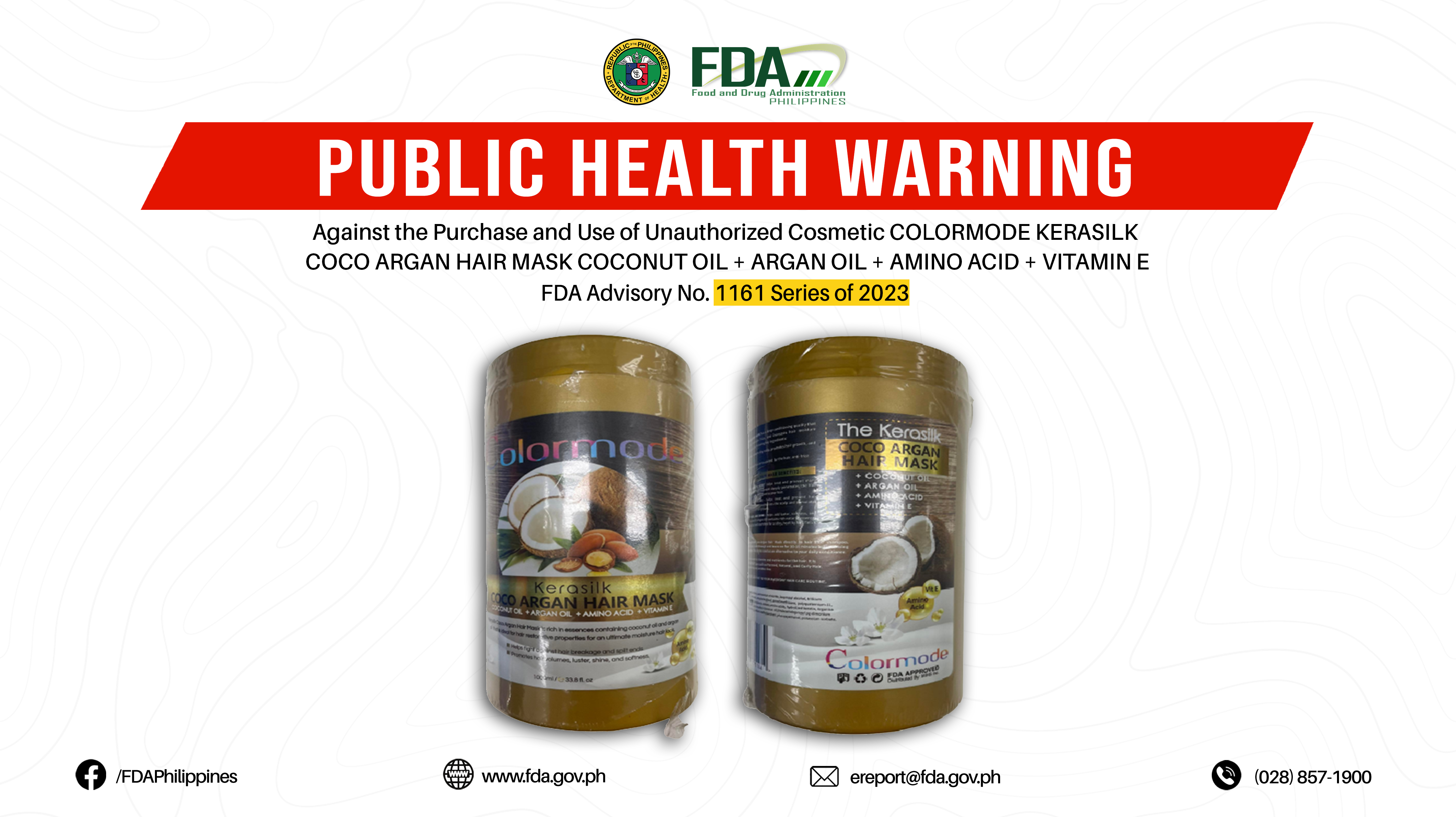 FDA Advisory No.2023-1161 || Public Health Warning Against the Purchase and Use of Unauthorized Cosmetic COLORMODE KERASILK COCO ARGAN HAIR MASK COCONUT OIL + ARGAN OIL + AMINO ACID + VITAMIN E