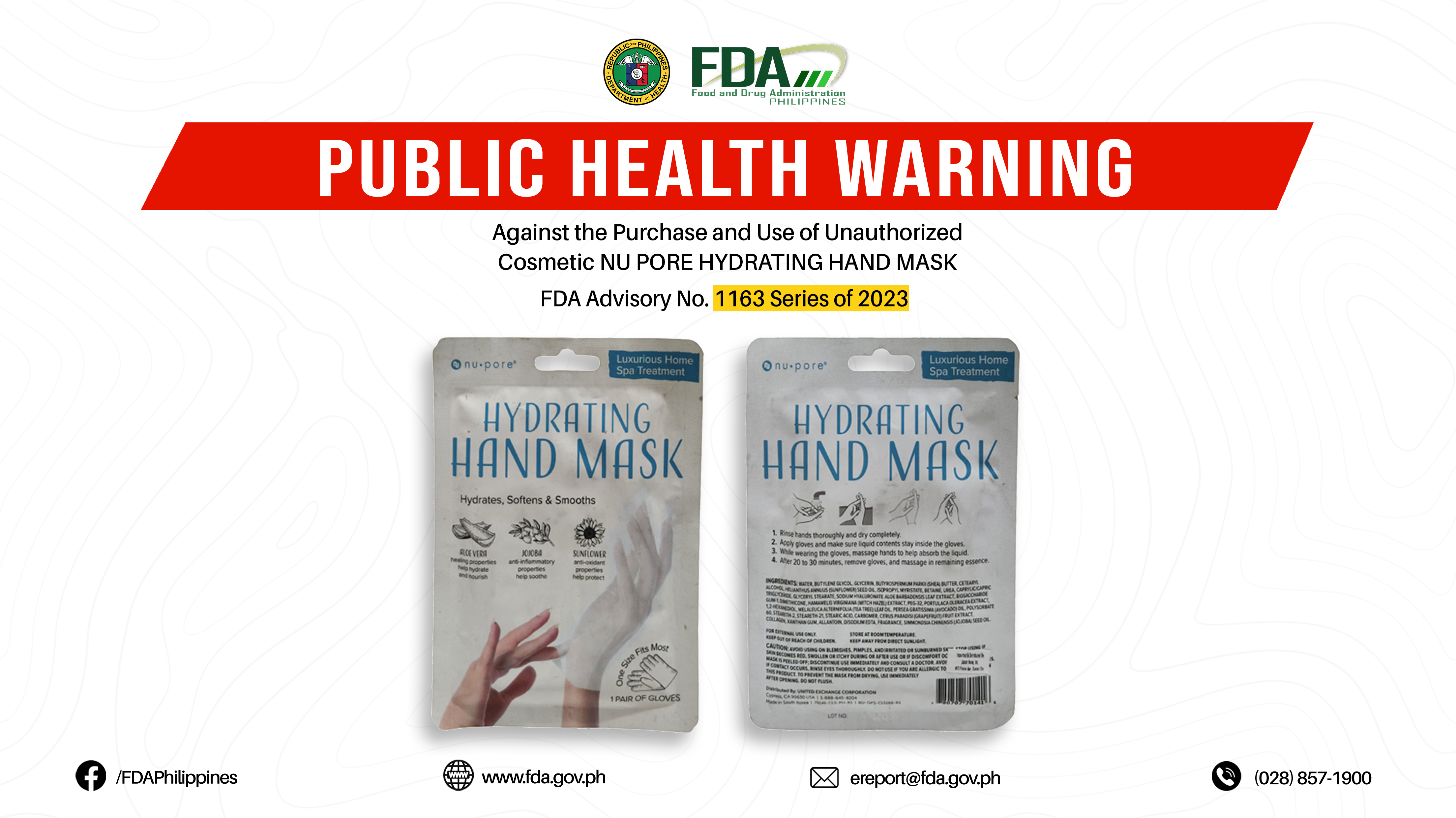 FDA Advisory No.2023-1163 || Public Health Warning Against the Purchase and Use of Unauthorized Cosmetic NU PORE HYDRATING HAND MASK