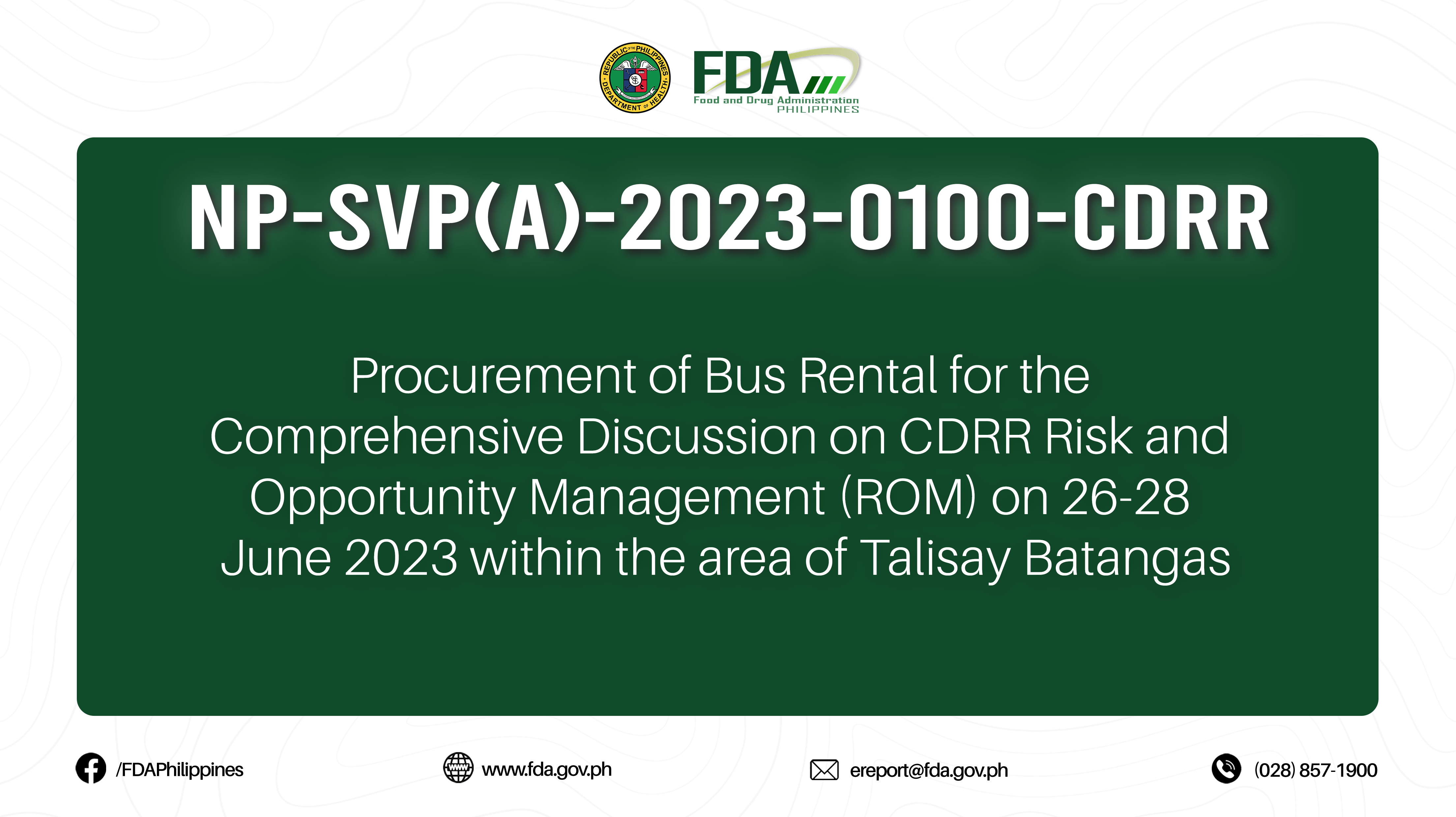 NP-SVP(A)-2023-0100-CDRR || Procurement of Bus Rental for the Comprehensive Discussion on CDRR Risk and Opportunity Management (ROM) on 26-28 June 2023 within the area of Talisay Batangas