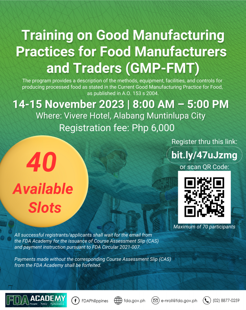Announcement || Training on Good Manufacturing Practices for Food Manufacturers and Traders (GMP-FMT)