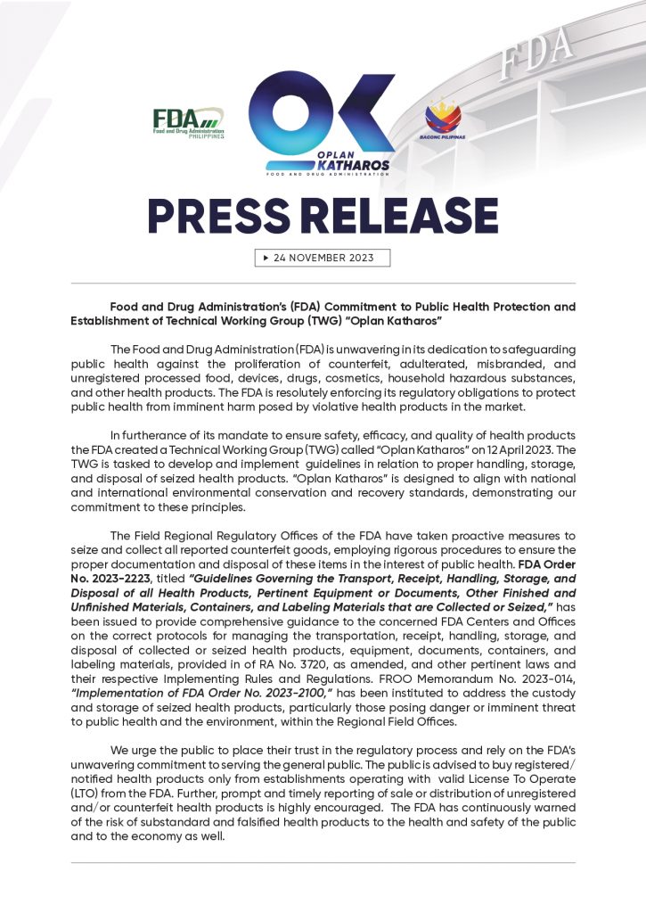 FDA Press Statement || Food and Drug Administration’s (FDA) Commitment to Public Health Protection and Establishment of Technical Working Group (TWG) “Oplan Katharos”