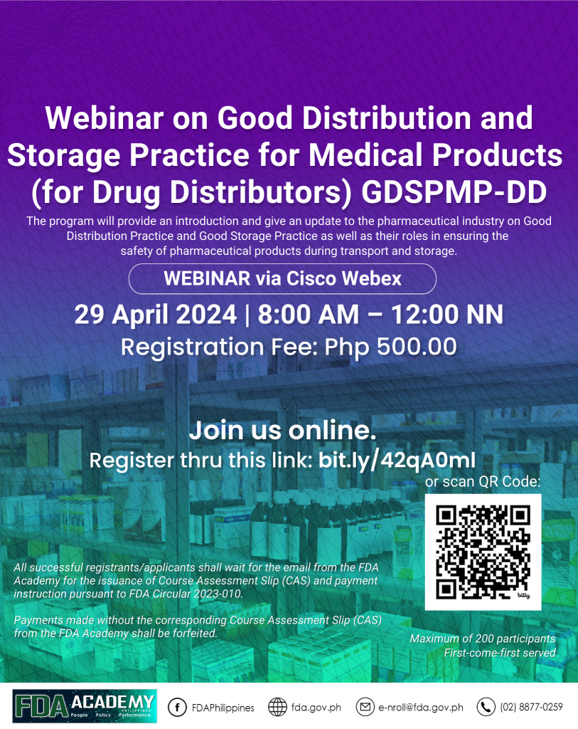 Announcement || Webinar on Good Distribution and Storage Practice for Medical Products (For Drug Distributors) (GDSPMP-DD)