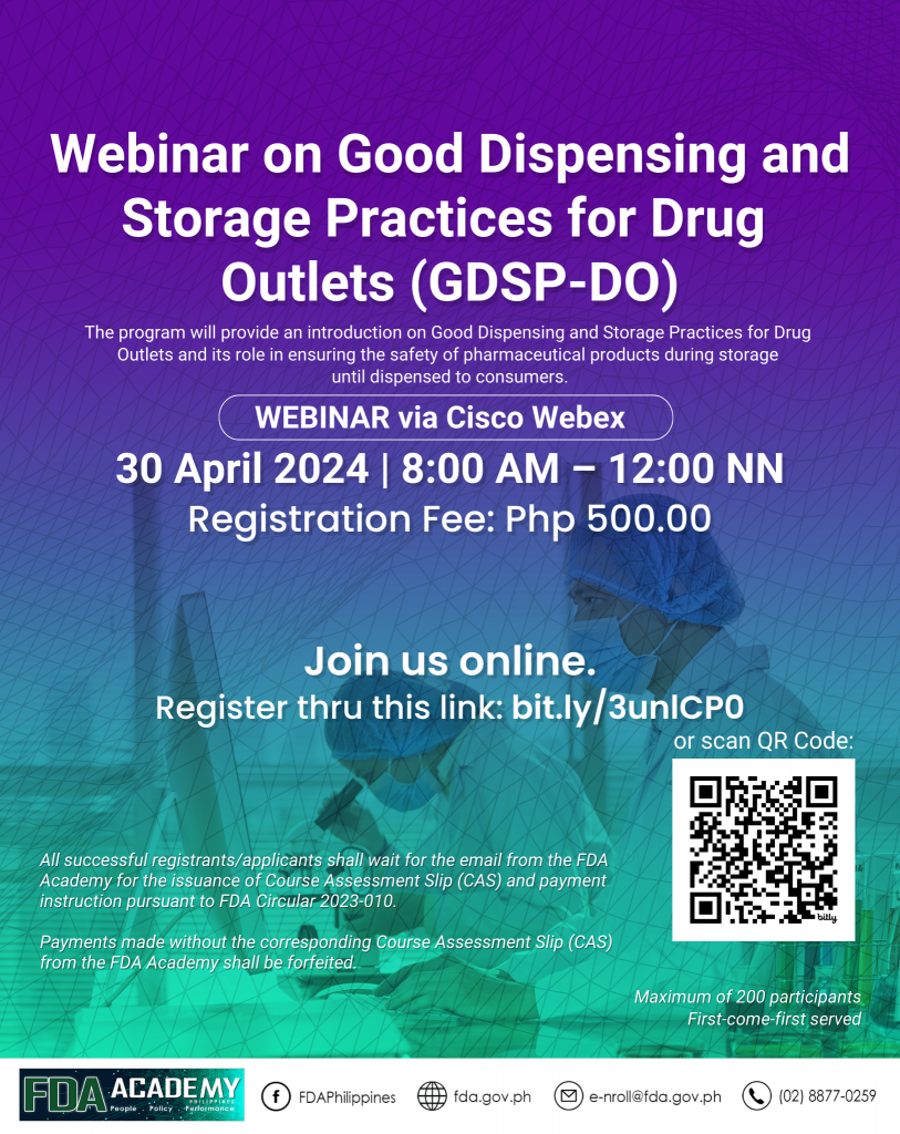 Announcement || Webinar on Good Dispensing and Storage Practices for Drug Outlets (GDSP-DO)