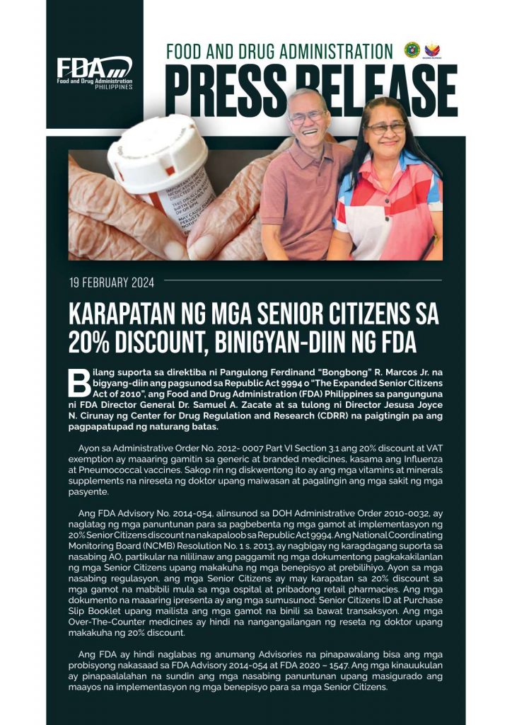 FDA Press Statement || Karapatan ng mga Senior Citizens sa 20% Discount, Binigyan-diin ng FDA