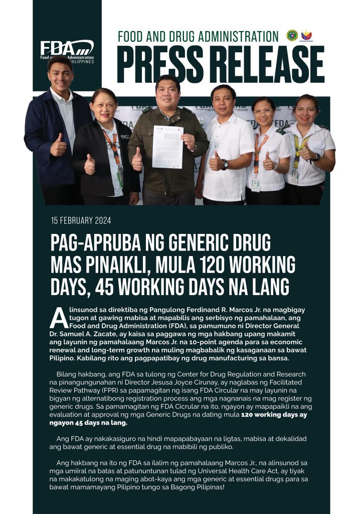 FDA Press Statement || Pag-apruba ng Generic Drug mas Pinaikli, Mula 120 Working Days, 45 Days na lang