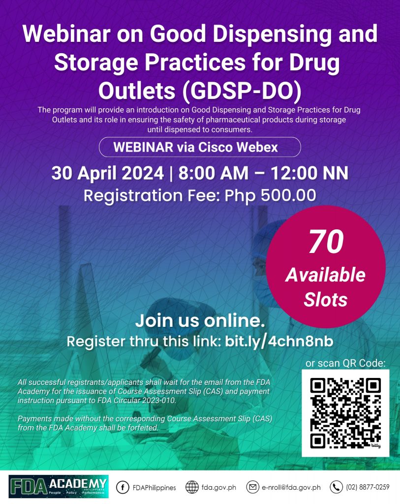 Announcement || Webinar on Good Dispensing and Storage Practices for Drug Outlets (GDSP-DO)