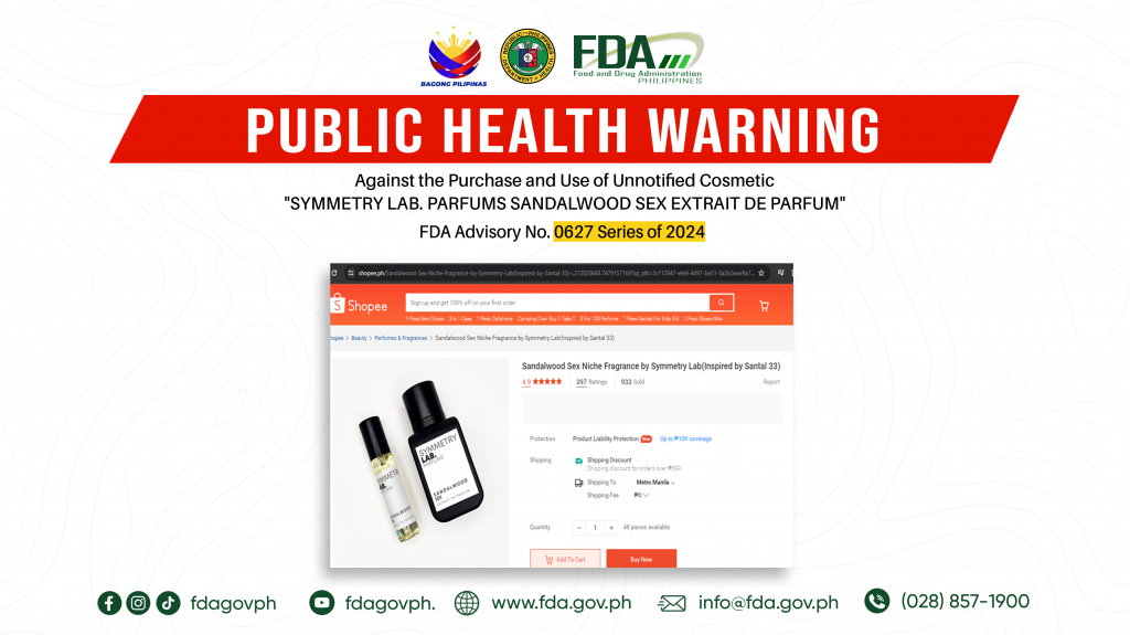 FDA Advisory No.2024-0627 || Public Health Warning Against the Purchase and Use of Unnotified Cosmetic “SYMMETRY LAB. PARFUMS SANDALWOOD SEX EXTRAIT DE PARFUM”