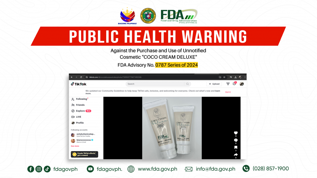 FDA Advisory No.2024-0787 || Public Health Warning Against the Purchase and Use of Unnotified Cosmetic “COCO CREAM DELUXE”