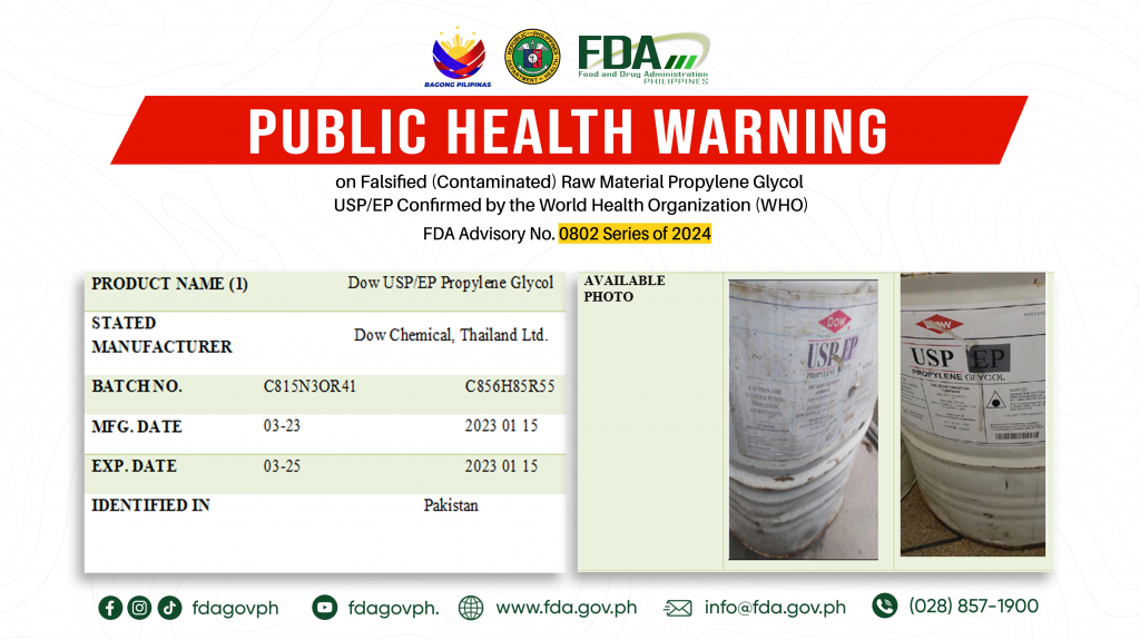 FDA Advisory No.2024-0802 || Public Health Warning on Falsified (Contaminated) Raw Material Propylene Glycol USP/EP Confirmed by the World Health Organization (WHO)